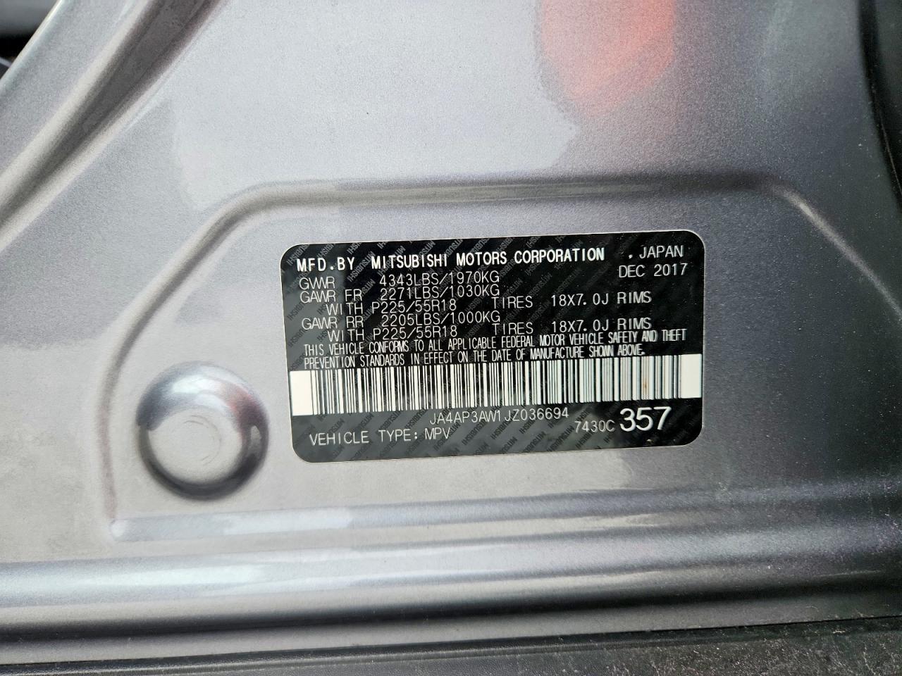 2018 Mitsubishi Outlander Sport Es Gray vin: JA4AP3AW1JZ036694