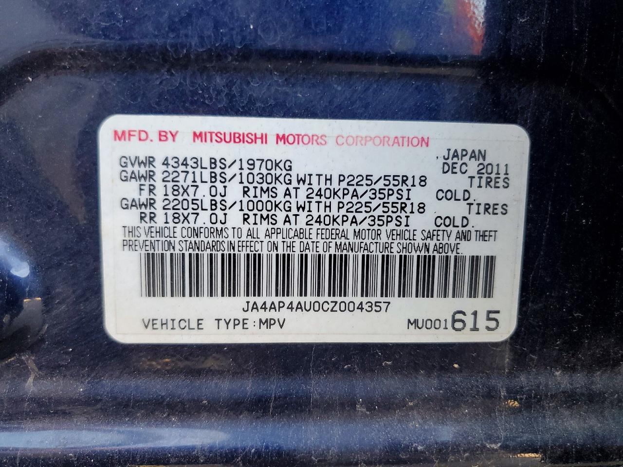 2012 Mitsubishi Outlander Sport Se Blue vin: JA4AP4AU0CZ004357