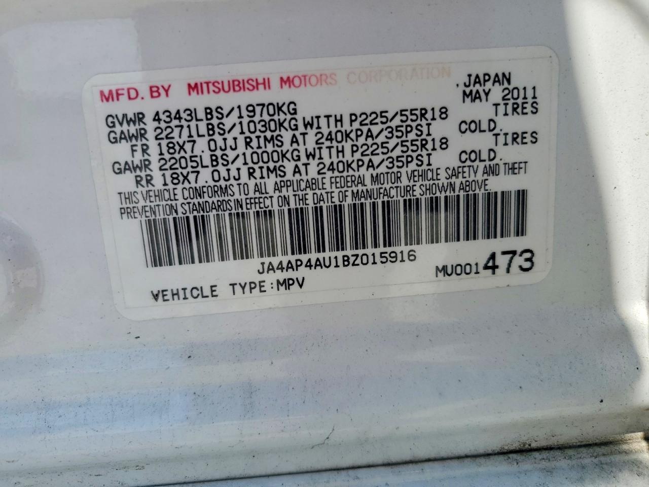 2011 Mitsubishi Outlander Sport Se White vin: JA4AP4AU1BZ015916