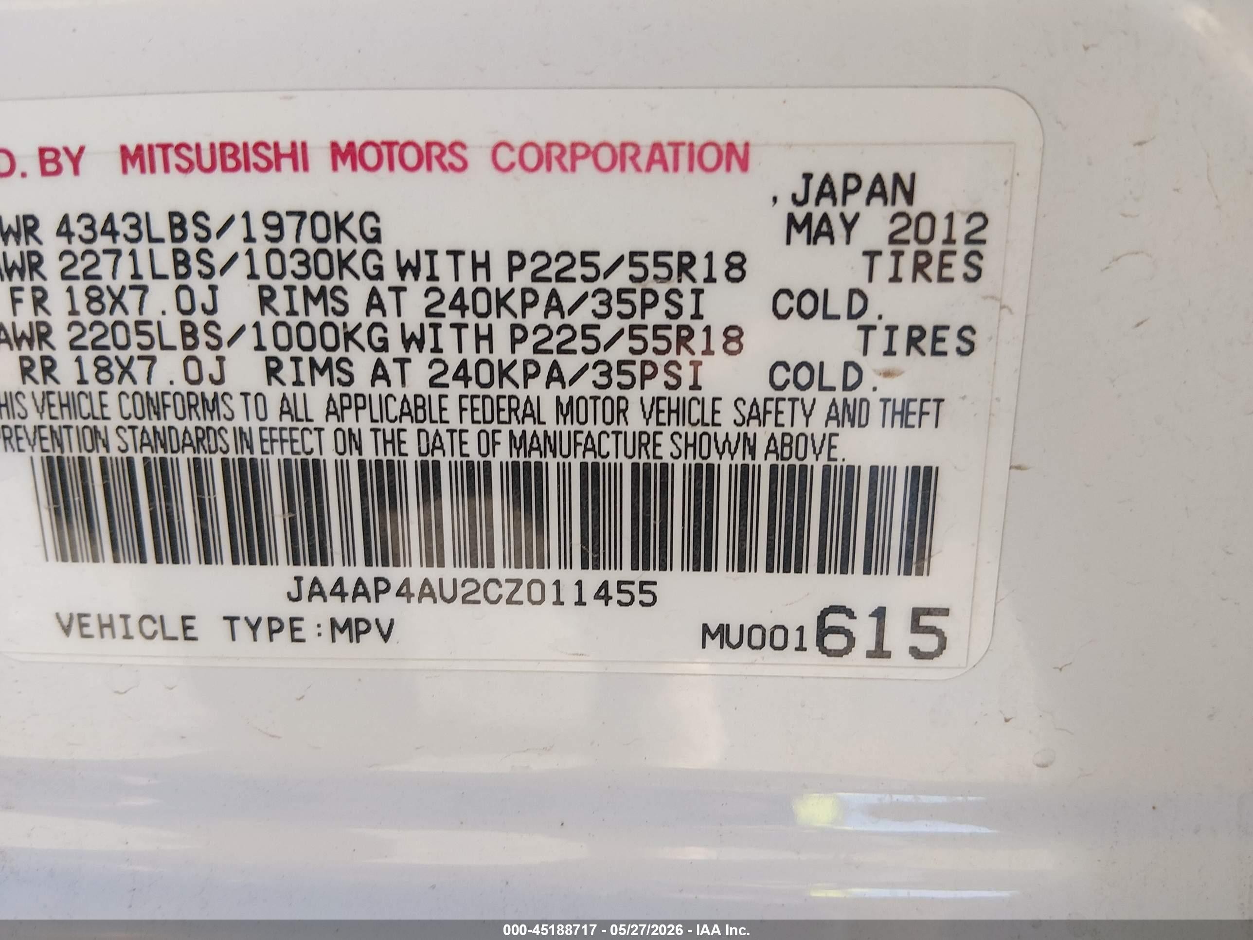 2012 Mitsubishi Outlander Sport Se White vin: JA4AP4AU2CZ011455