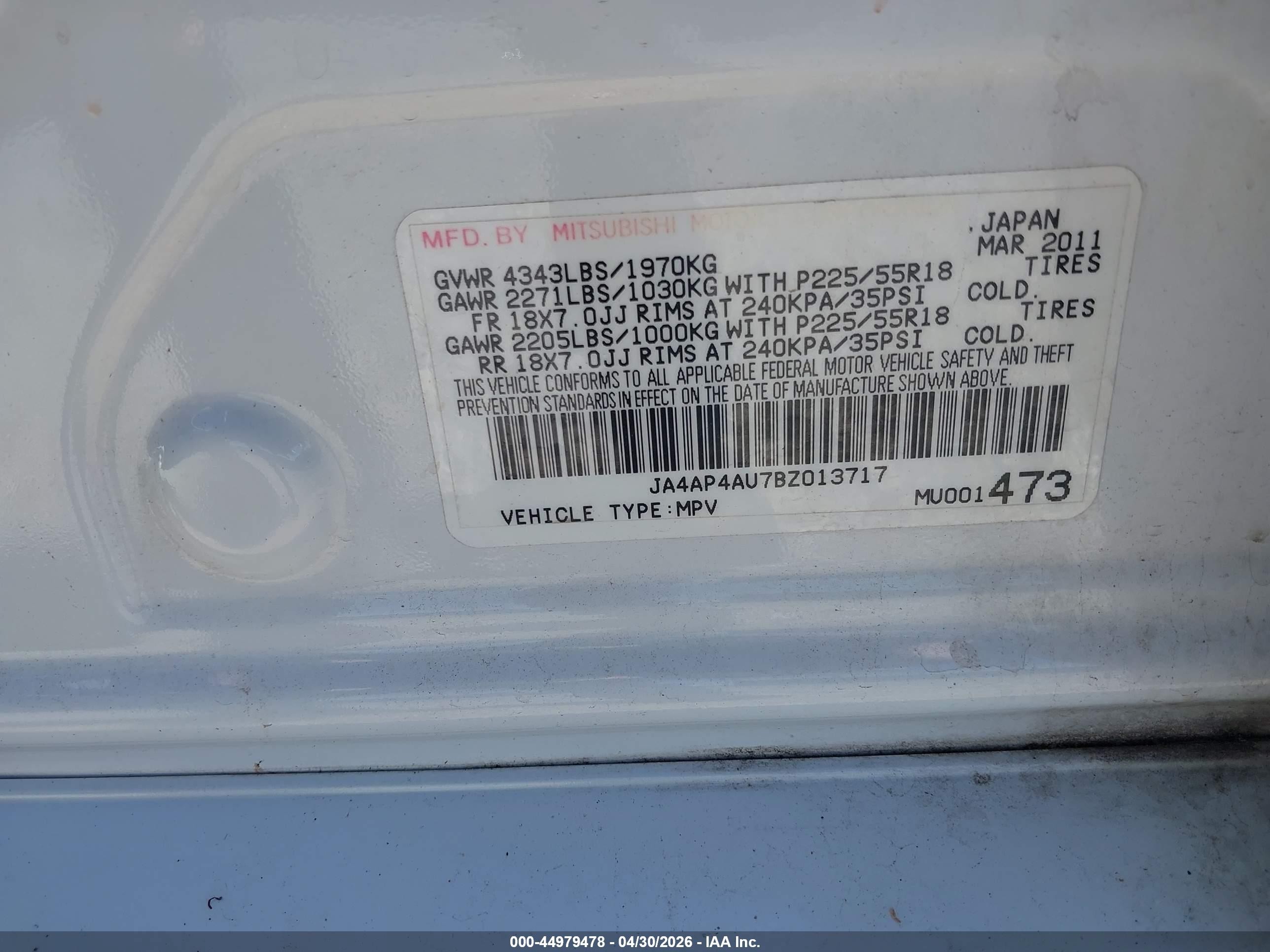 2011 Mitsubishi Outlander Sport Se White vin: JA4AP4AU7BZ013717