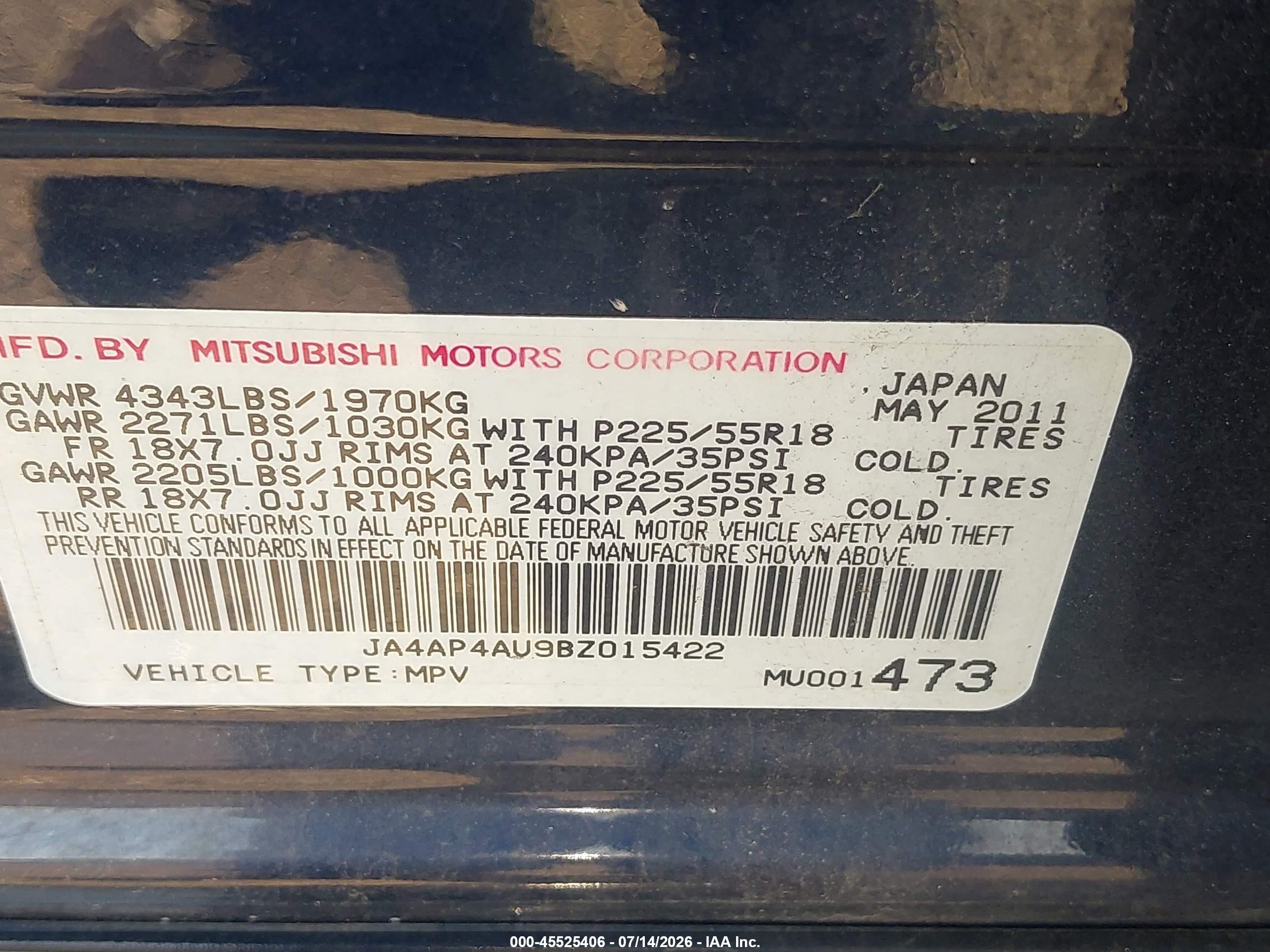 2011 Mitsubishi Outlander Sport Se Blue vin: JA4AP4AU9BZ015422
