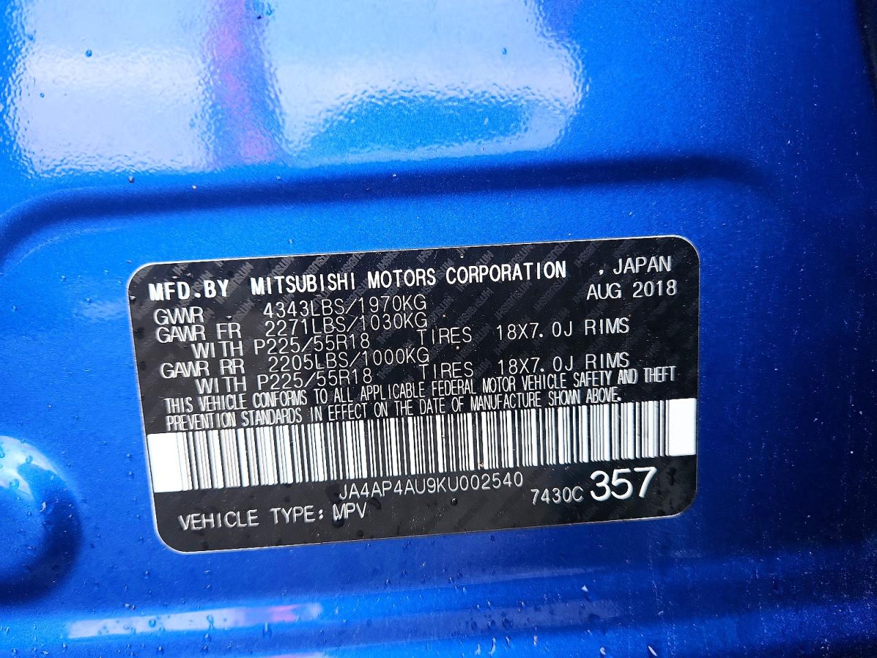 2019 Mitsubishi Outlander Sport Se Blue vin: JA4AP4AU9KU002540