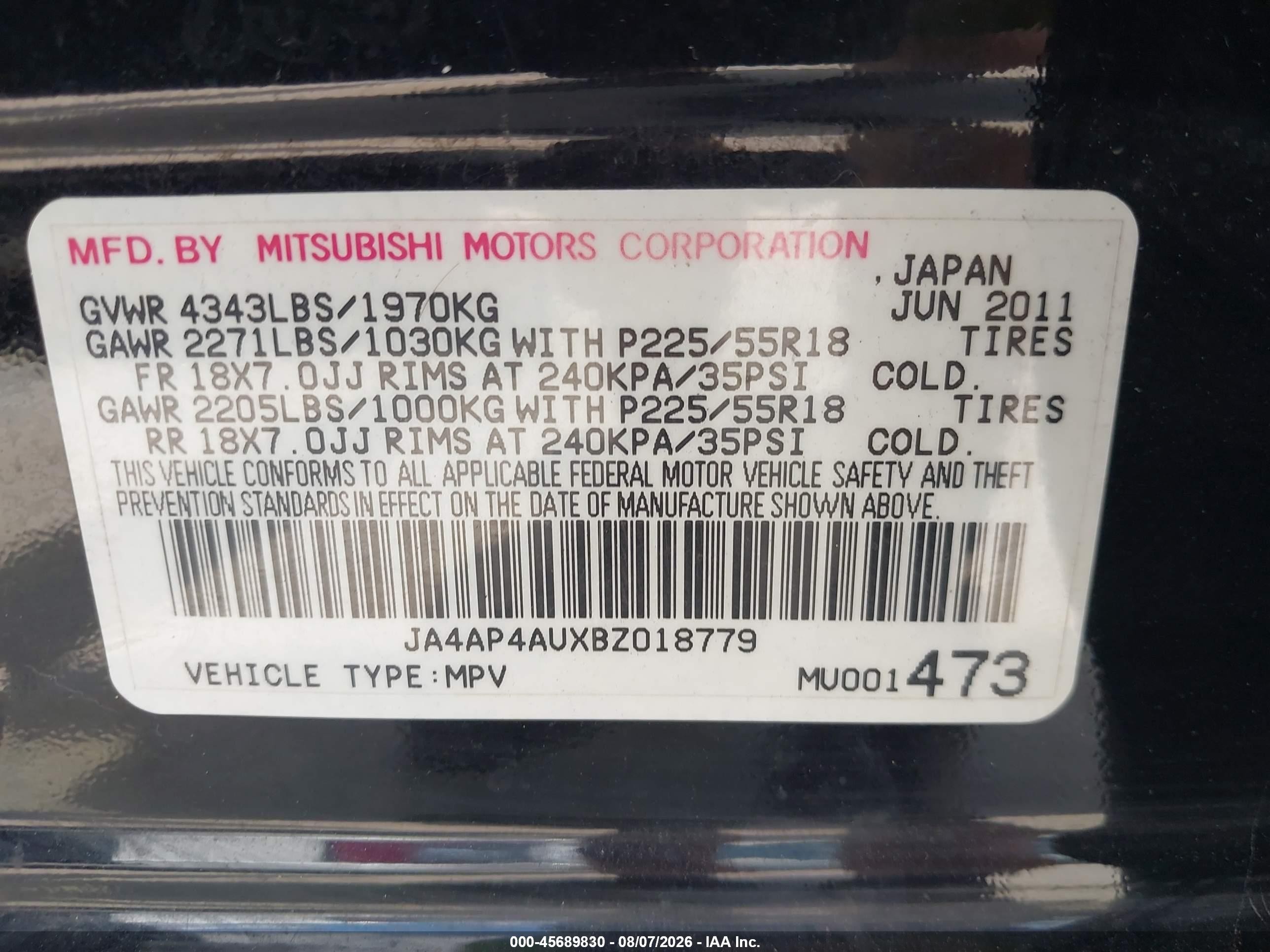 2011 Mitsubishi Outlander Sport Se Черный vin: JA4AP4AUXBZ018779