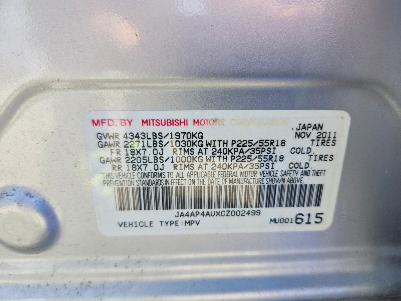 2012 Mitsubishi Outlander Sport Se Silver vin: JA4AP4AUXCZ002499