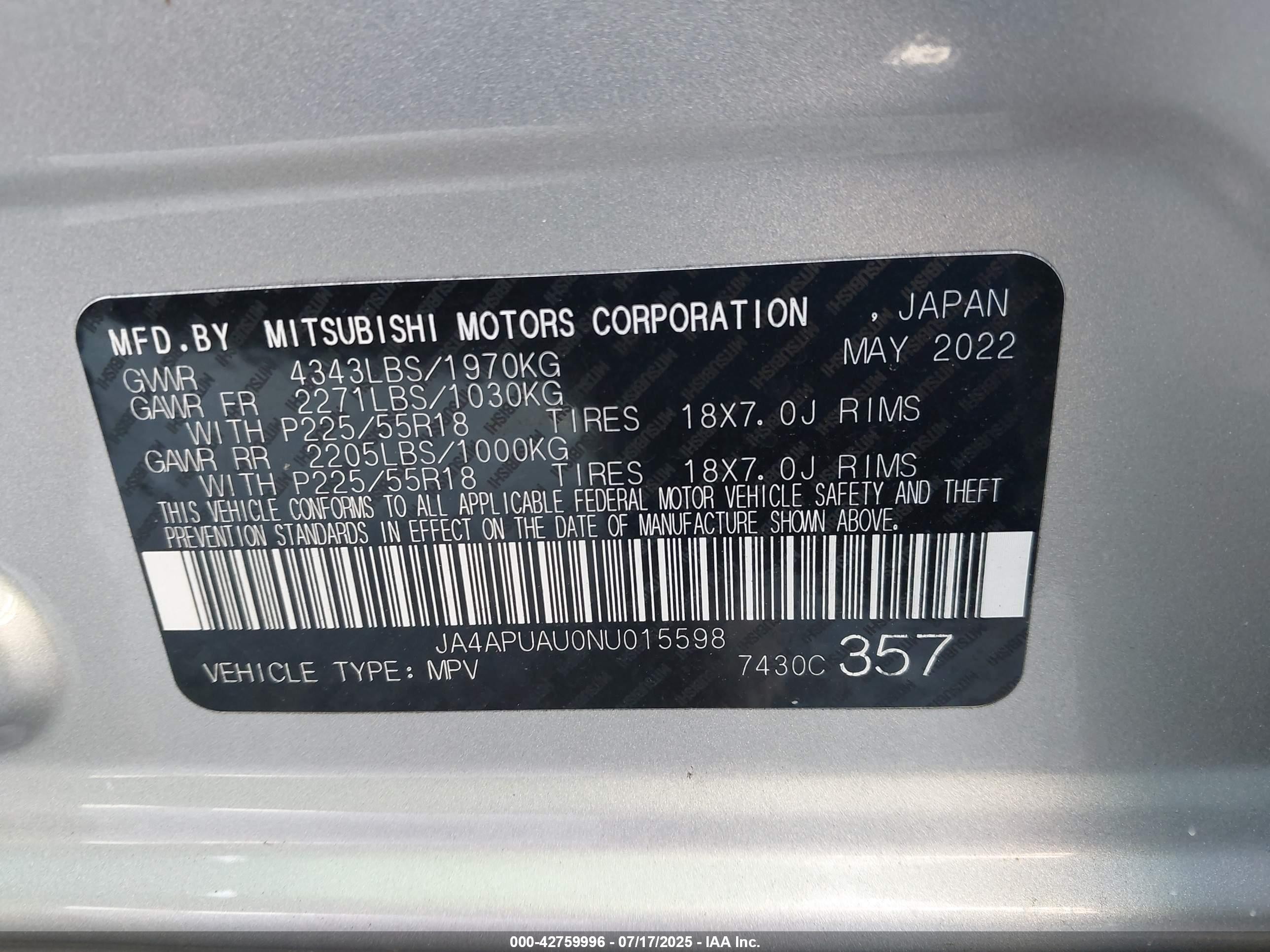 2022 Mitsubishi Outlander Sport 2.0 Le 2wd Silver vin: JA4APUAU0NU015598