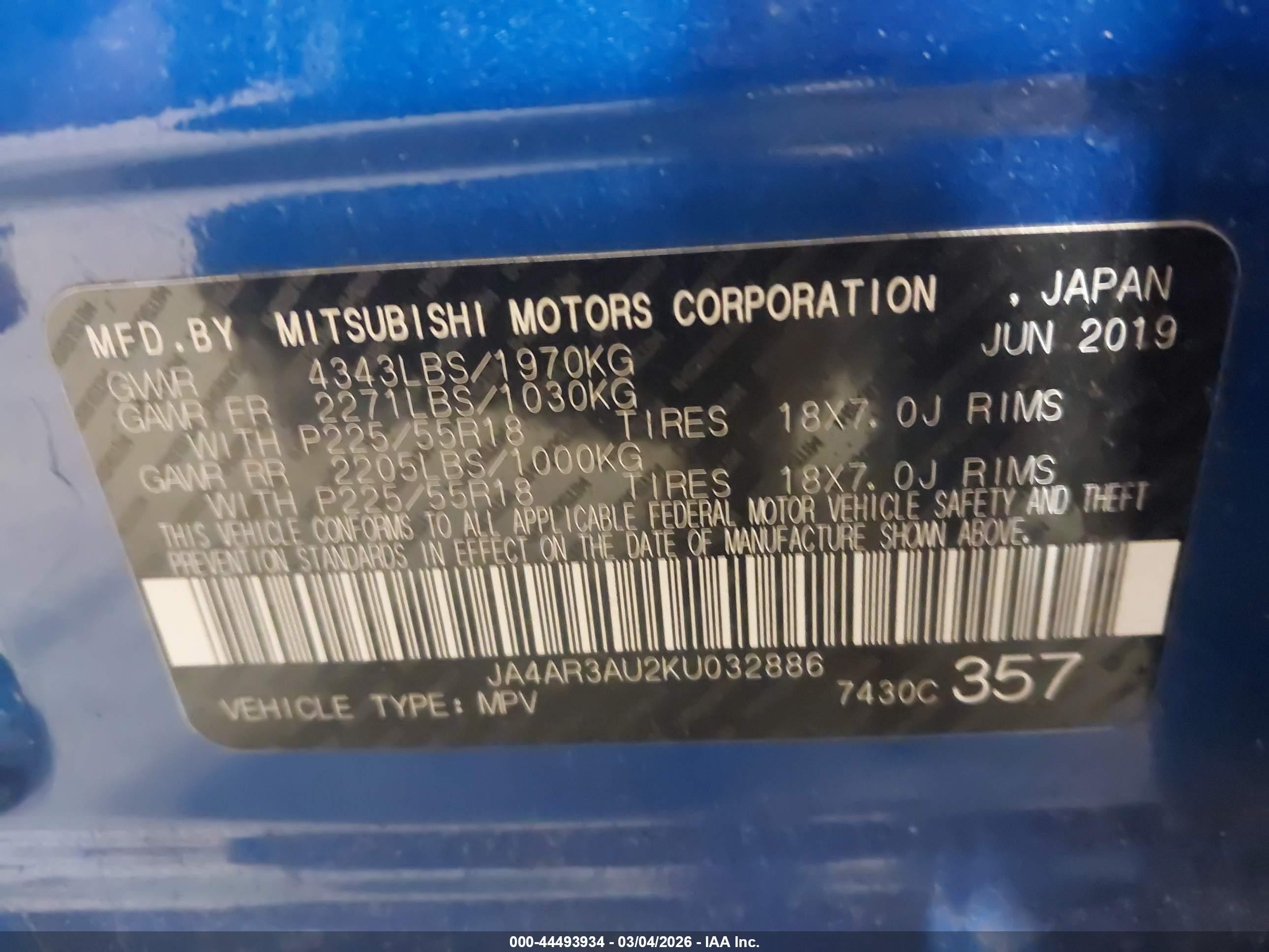 2019 Mitsubishi Outlander Sport 2.0 Es Синий vin: JA4AR3AU2KU032886