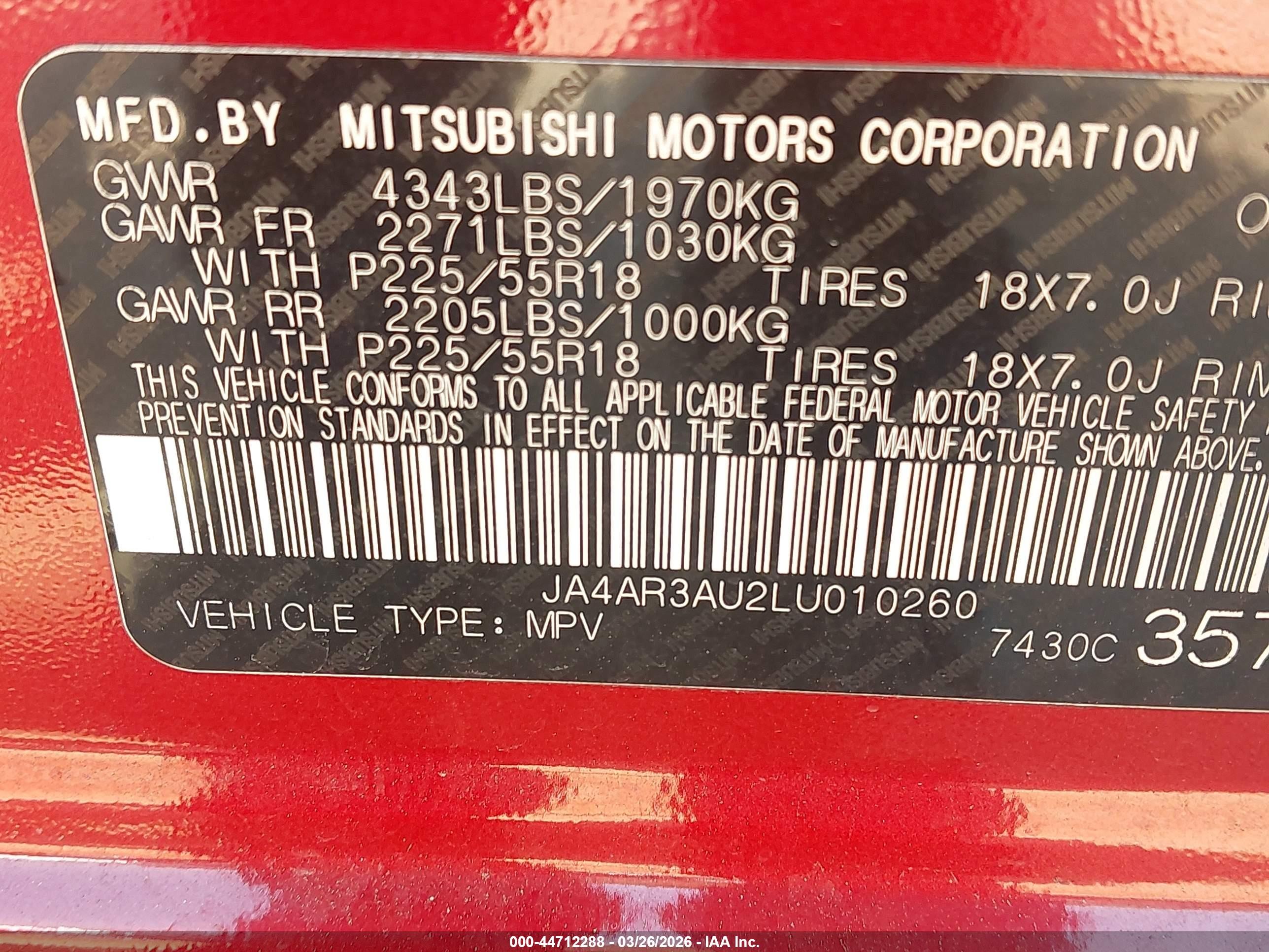 2020 Mitsubishi Outlander Sport 2.0 Be Awc/2.0 Es Awc/2.0 Se Awc/2.0 Sp Awc Красный vin: JA4AR3AU2LU010260