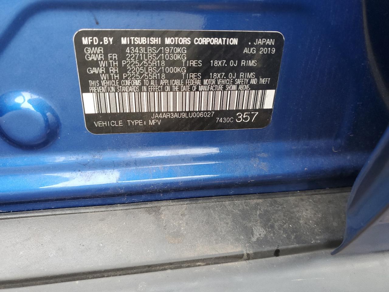 2020 Mitsubishi Outlander Sport Es Blue vin: JA4AR3AU9LU006027