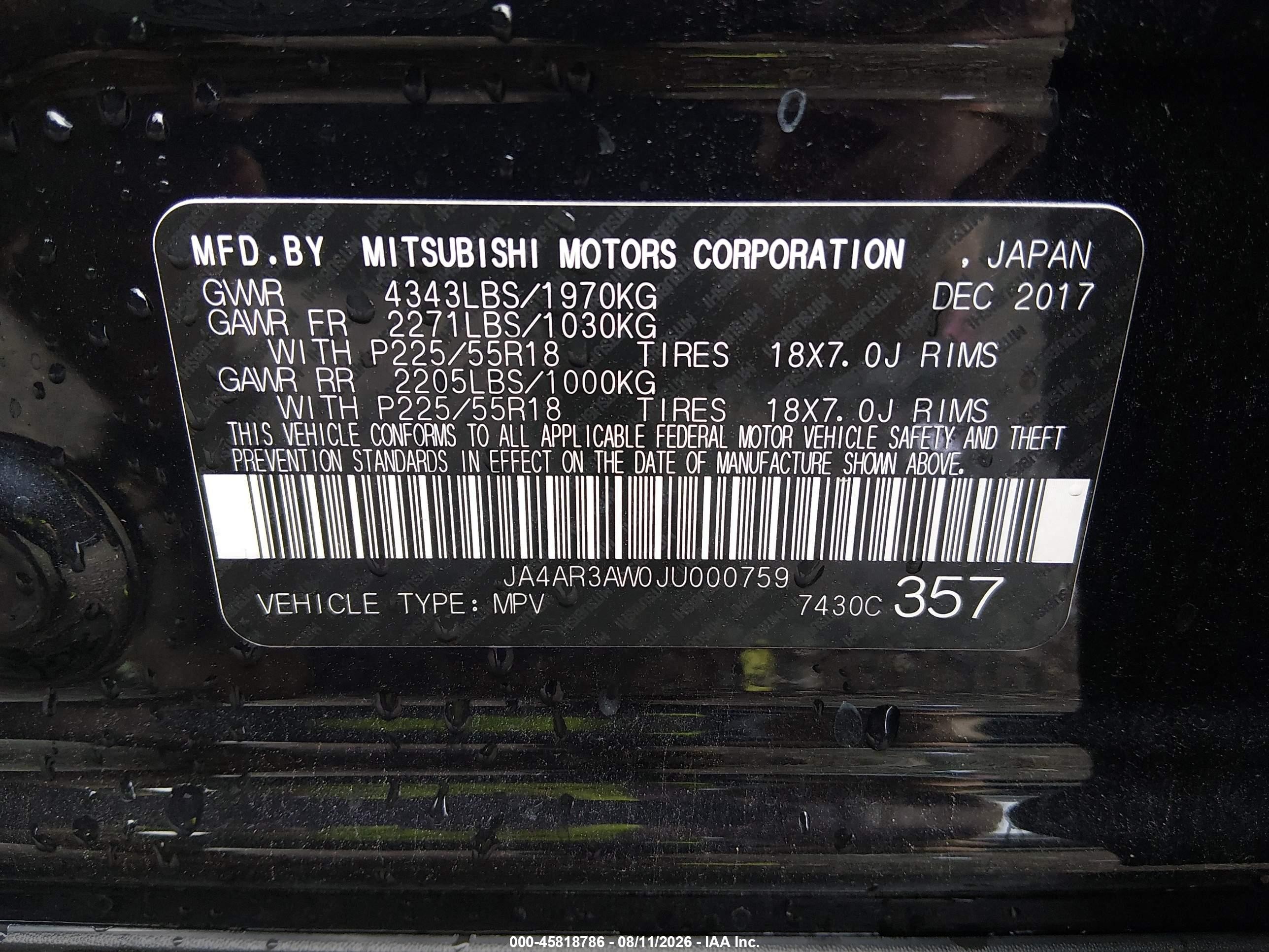 2018 Mitsubishi Outlander Sport 2.4 Se Black vin: JA4AR3AW0JU000759