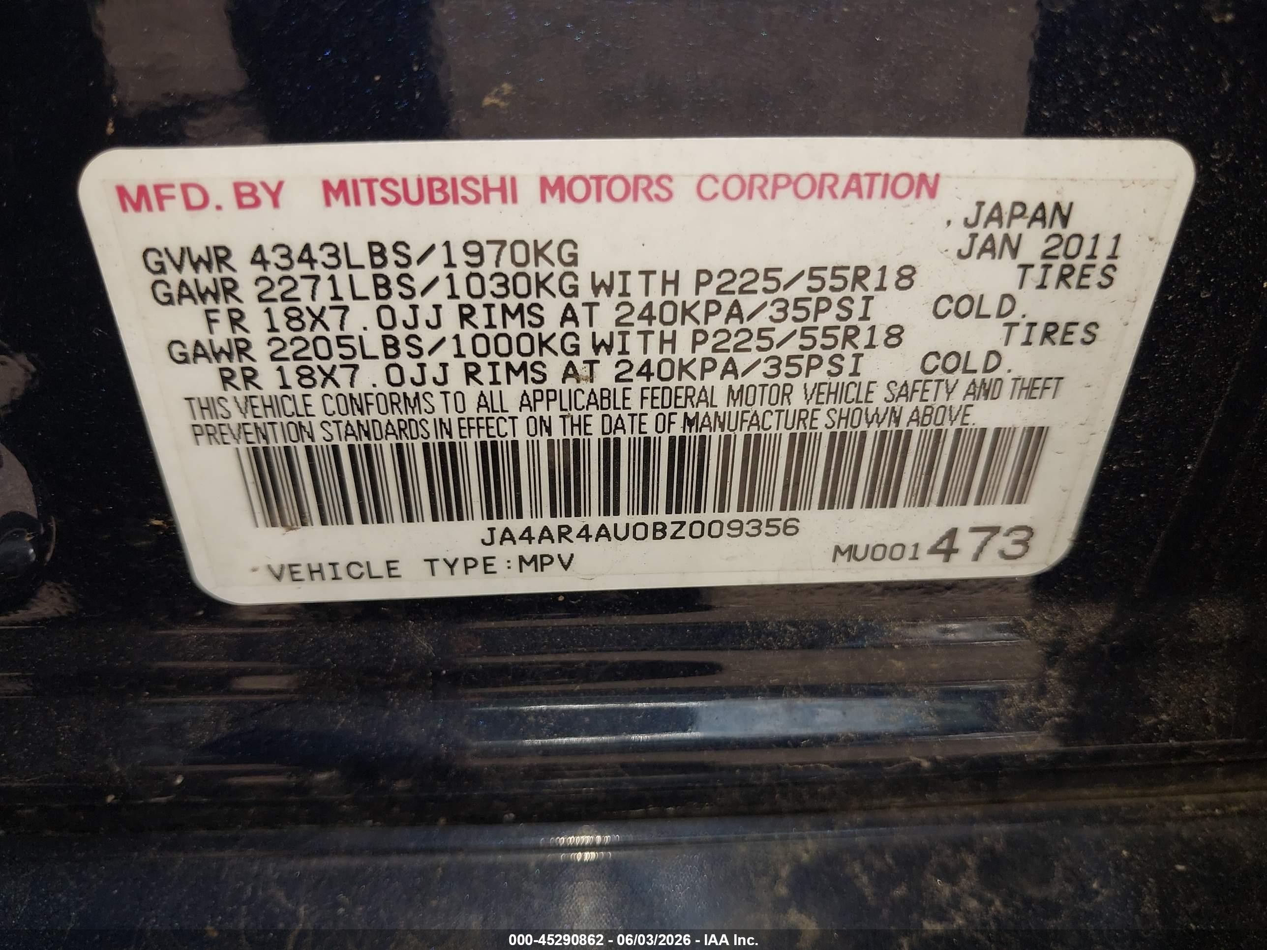 2011 Mitsubishi Outlander Sport Se Blue vin: JA4AR4AU0BZ009356
