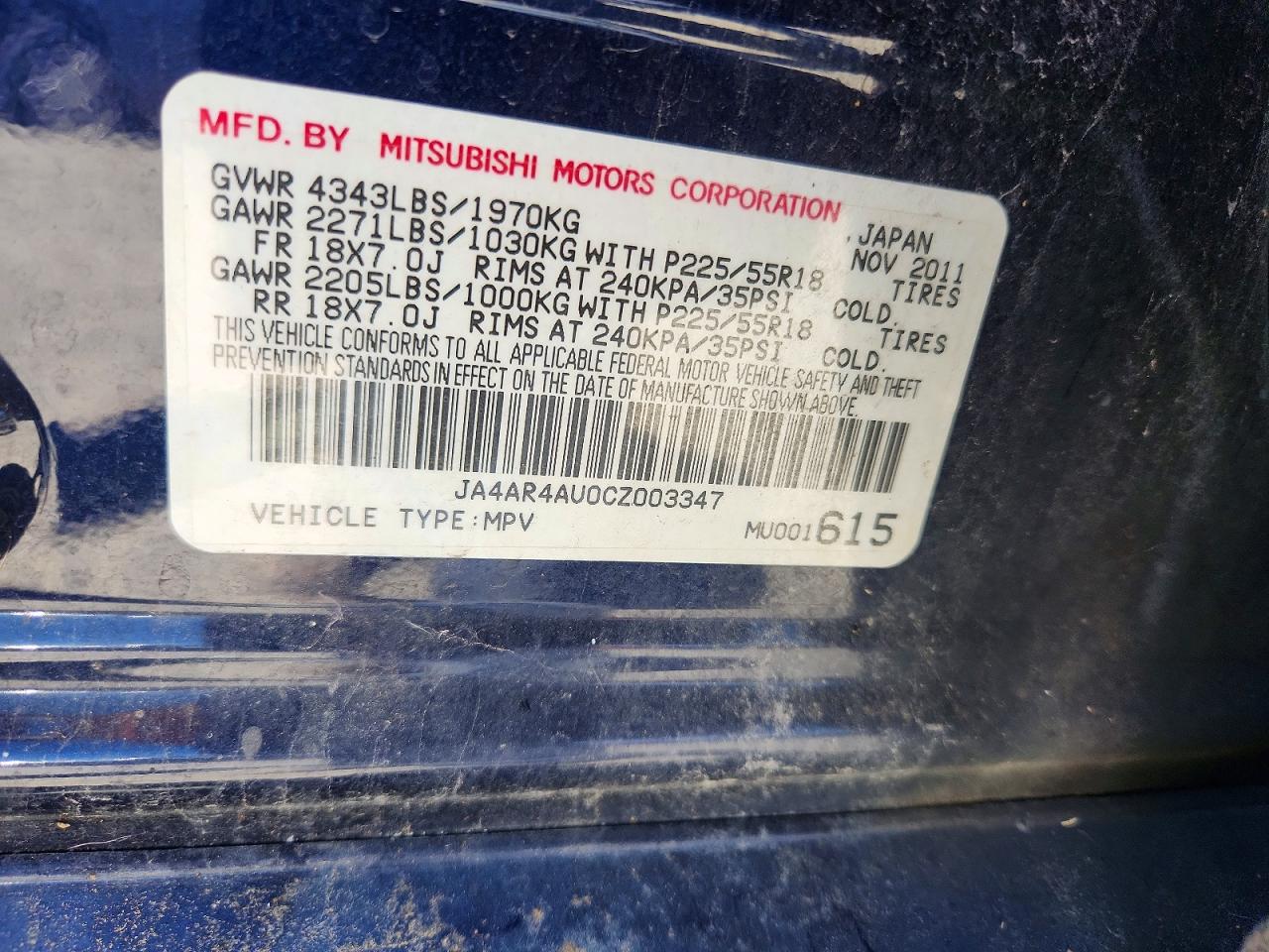 2012 Mitsubishi Outlander Sport Se Blue vin: JA4AR4AU0CZ003347