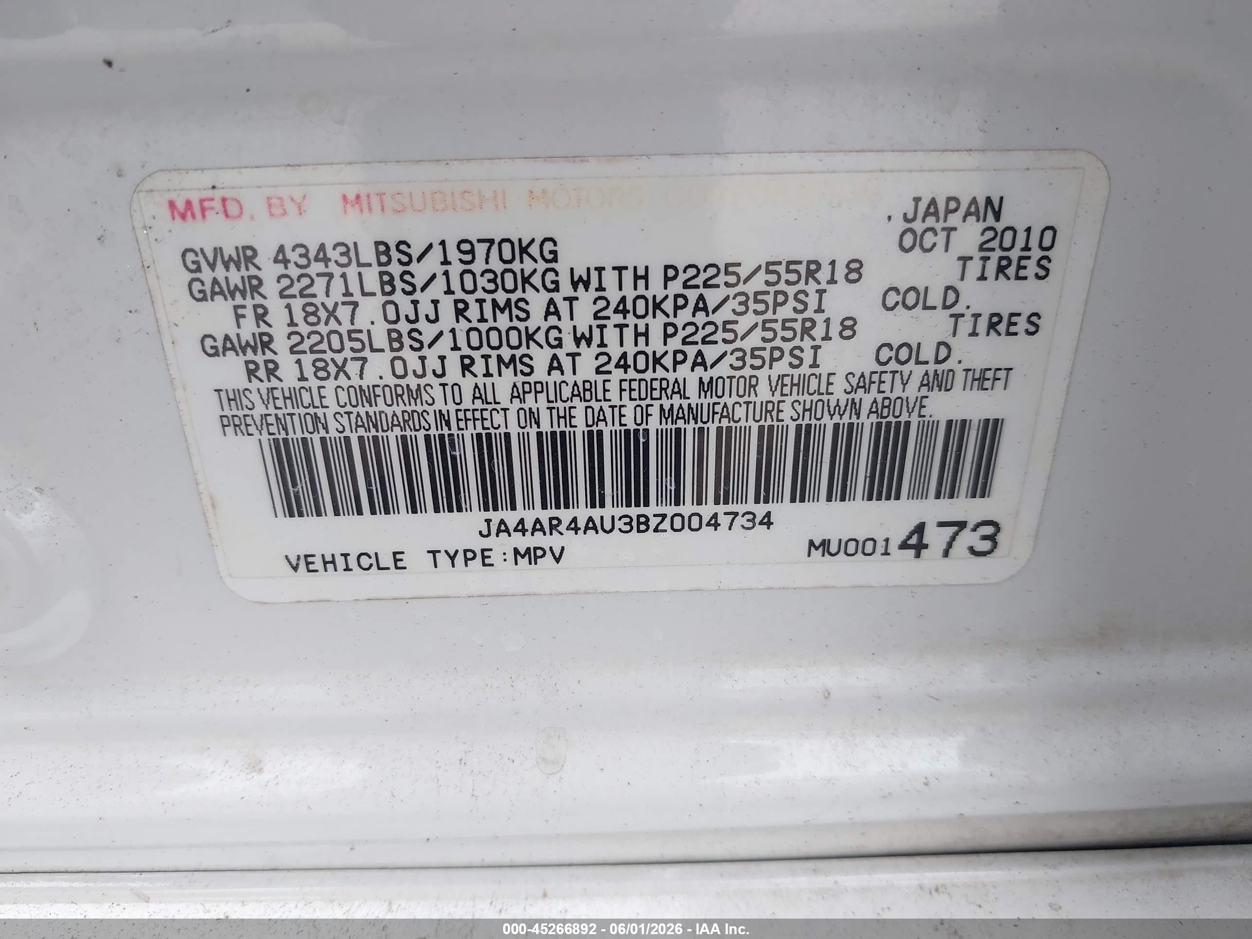 2011 Mitsubishi Outlander Sport Se Белый vin: JA4AR4AU3BZ004734