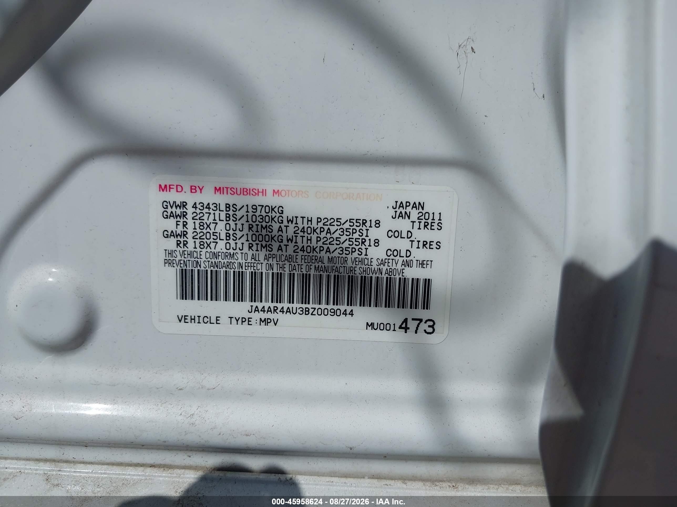 2011 Mitsubishi Outlander Sport Se White vin: JA4AR4AU3BZ009044