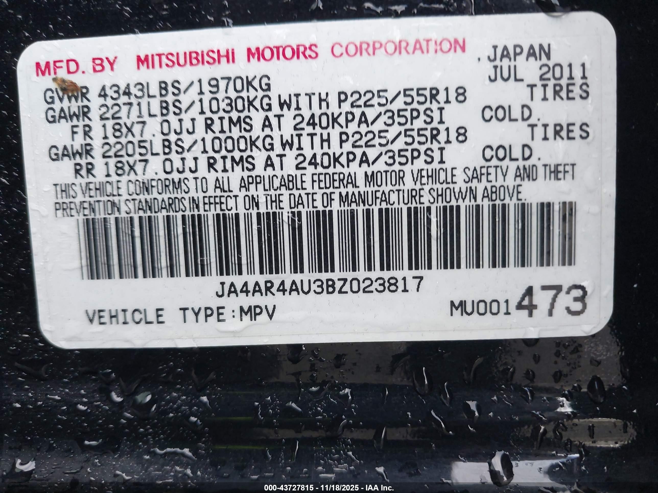 2011 Mitsubishi Outlander Sport Se Black vin: JA4AR4AU3BZ023817