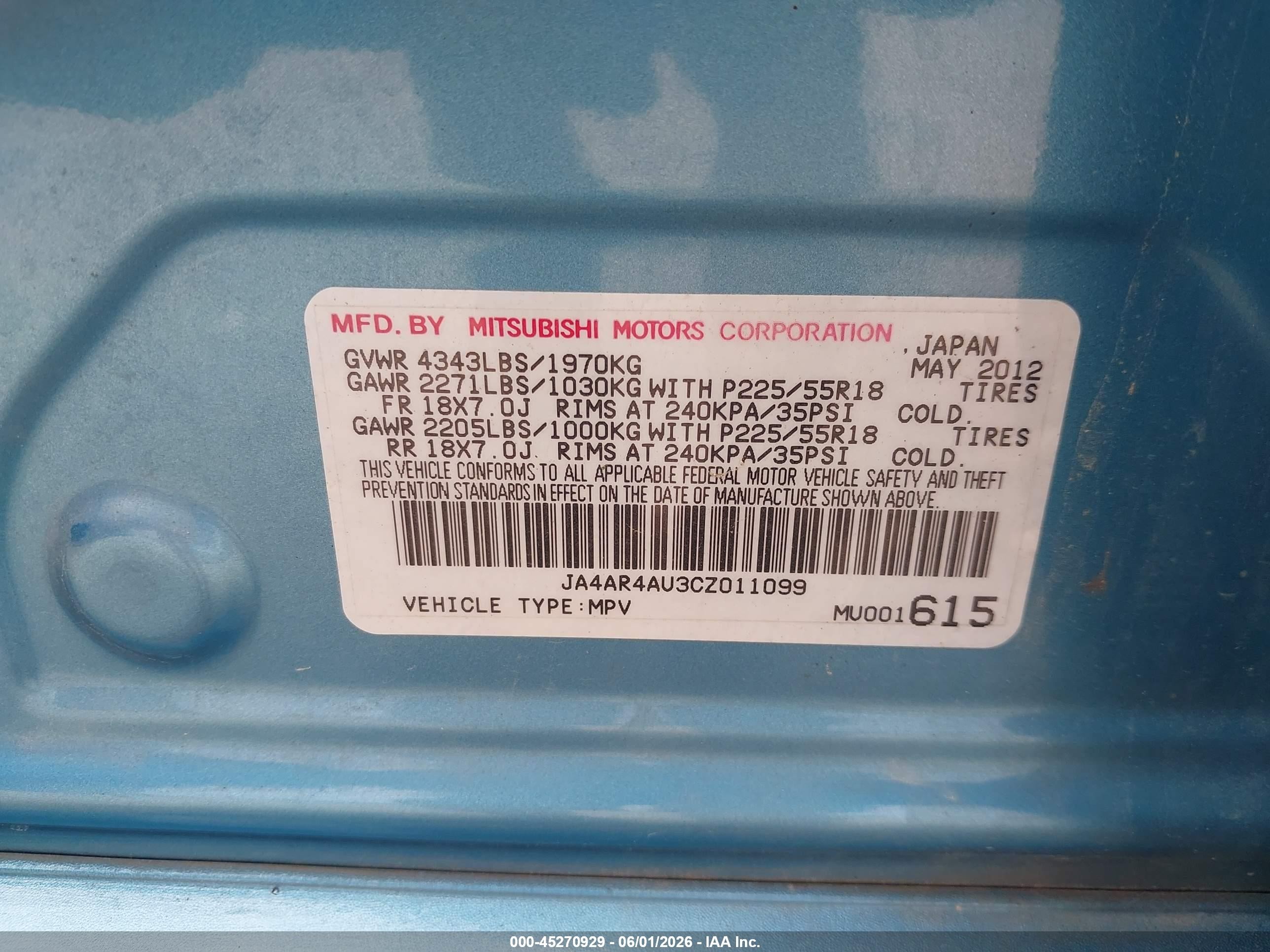 2012 Mitsubishi Outlander Sport Se Blue vin: JA4AR4AU3CZ011099