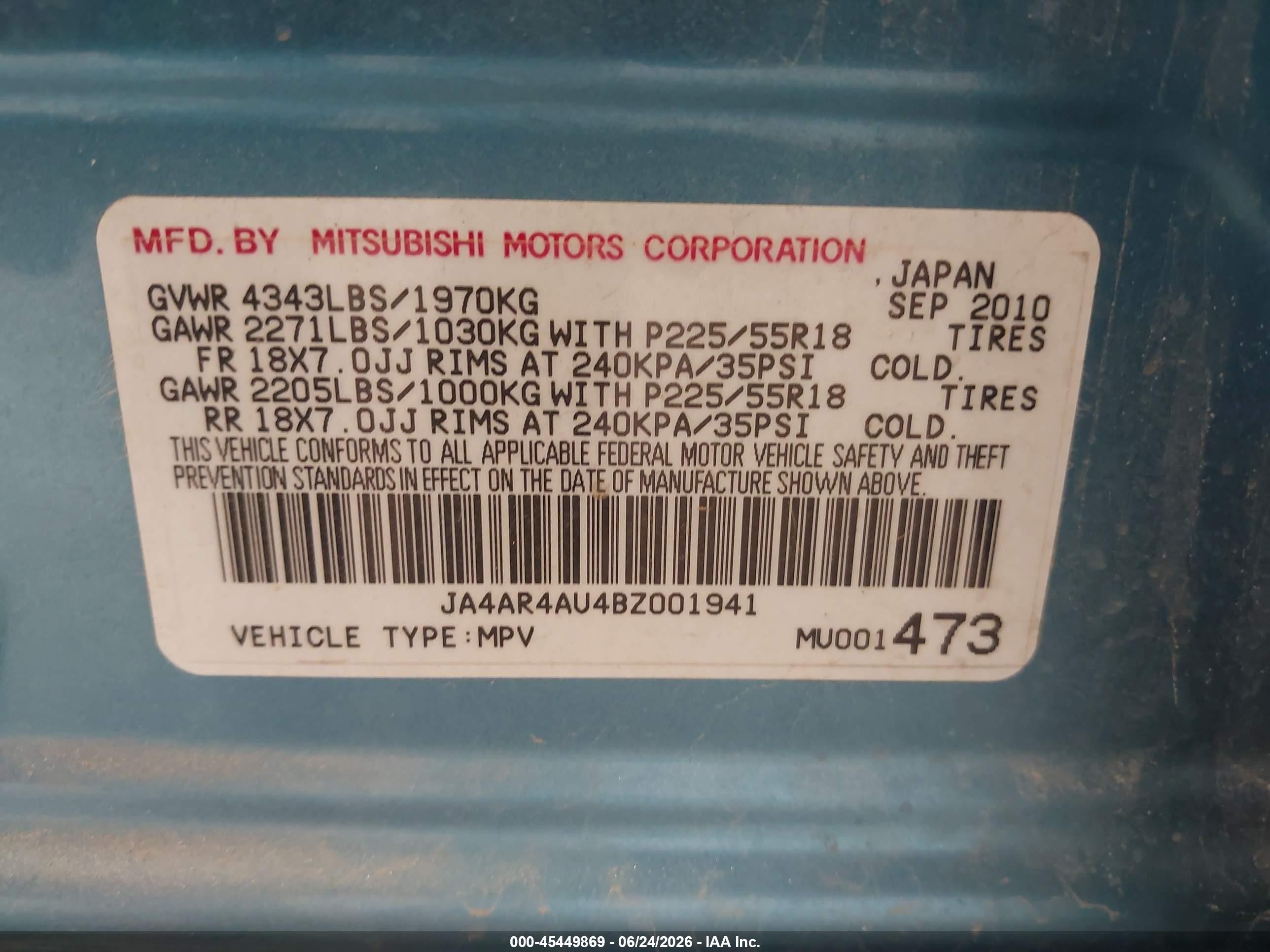 2011 Mitsubishi Outlander Sport Se Blue vin: JA4AR4AU4BZ001941