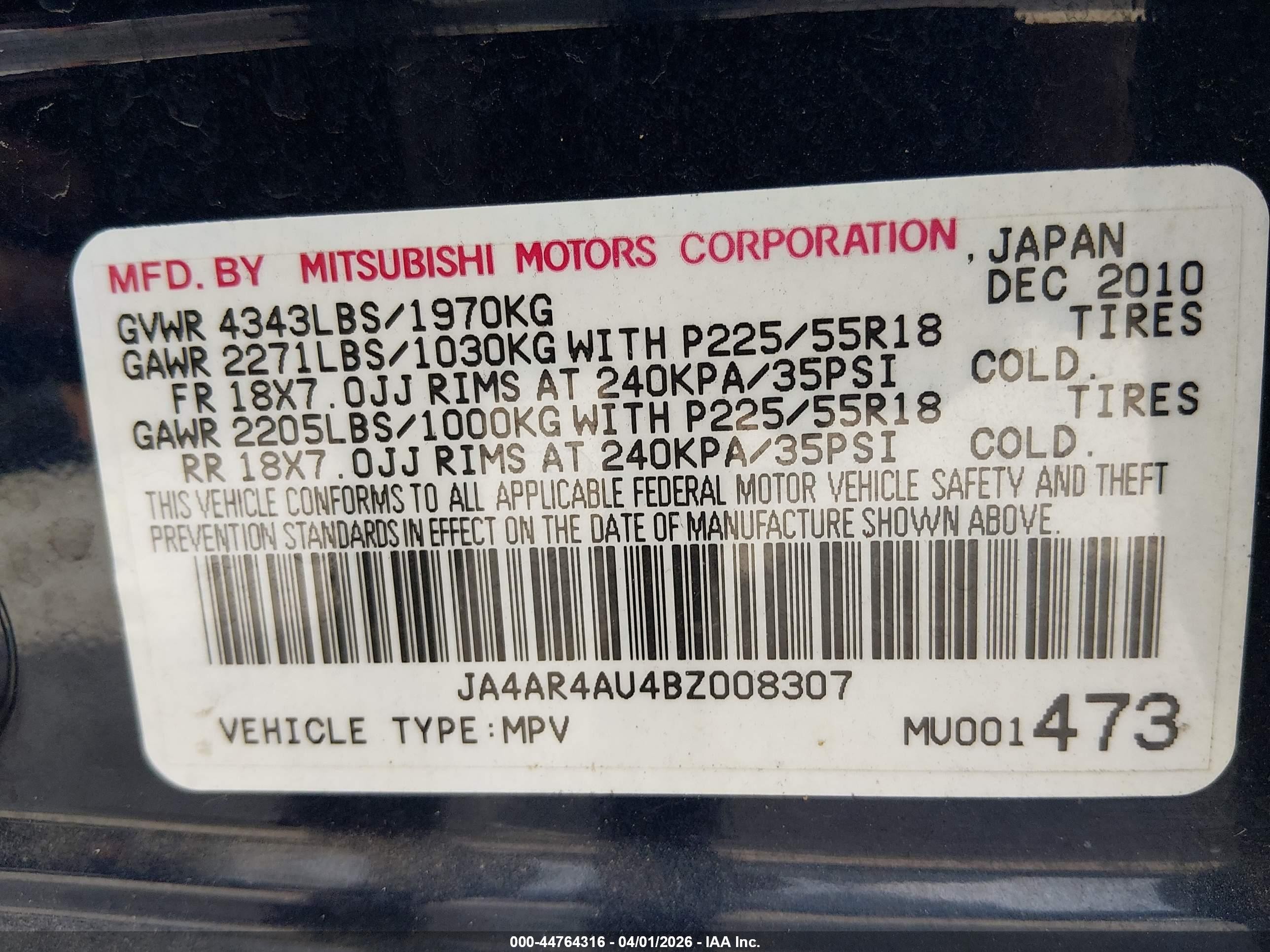 2011 Mitsubishi Outlander Sport Se Blue vin: JA4AR4AU4BZ008307