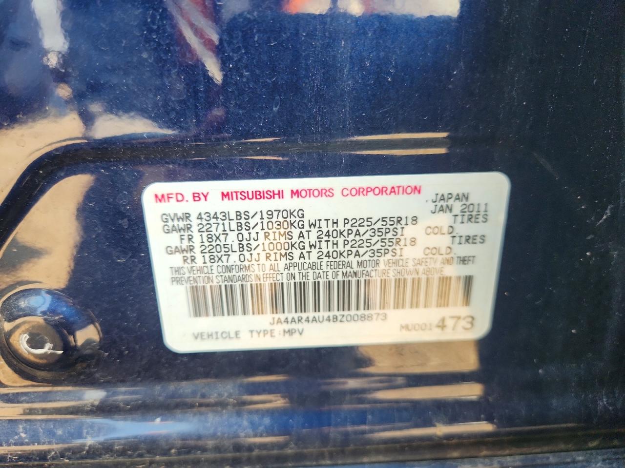 2011 Mitsubishi Outlander Sport Se Blue vin: JA4AR4AU4BZ008873