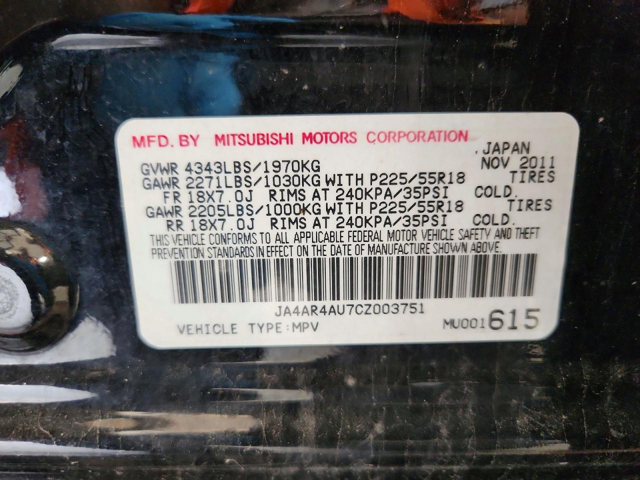 2012 Mitsubishi Outlander Sport Se Black vin: JA4AR4AU7CZ003751