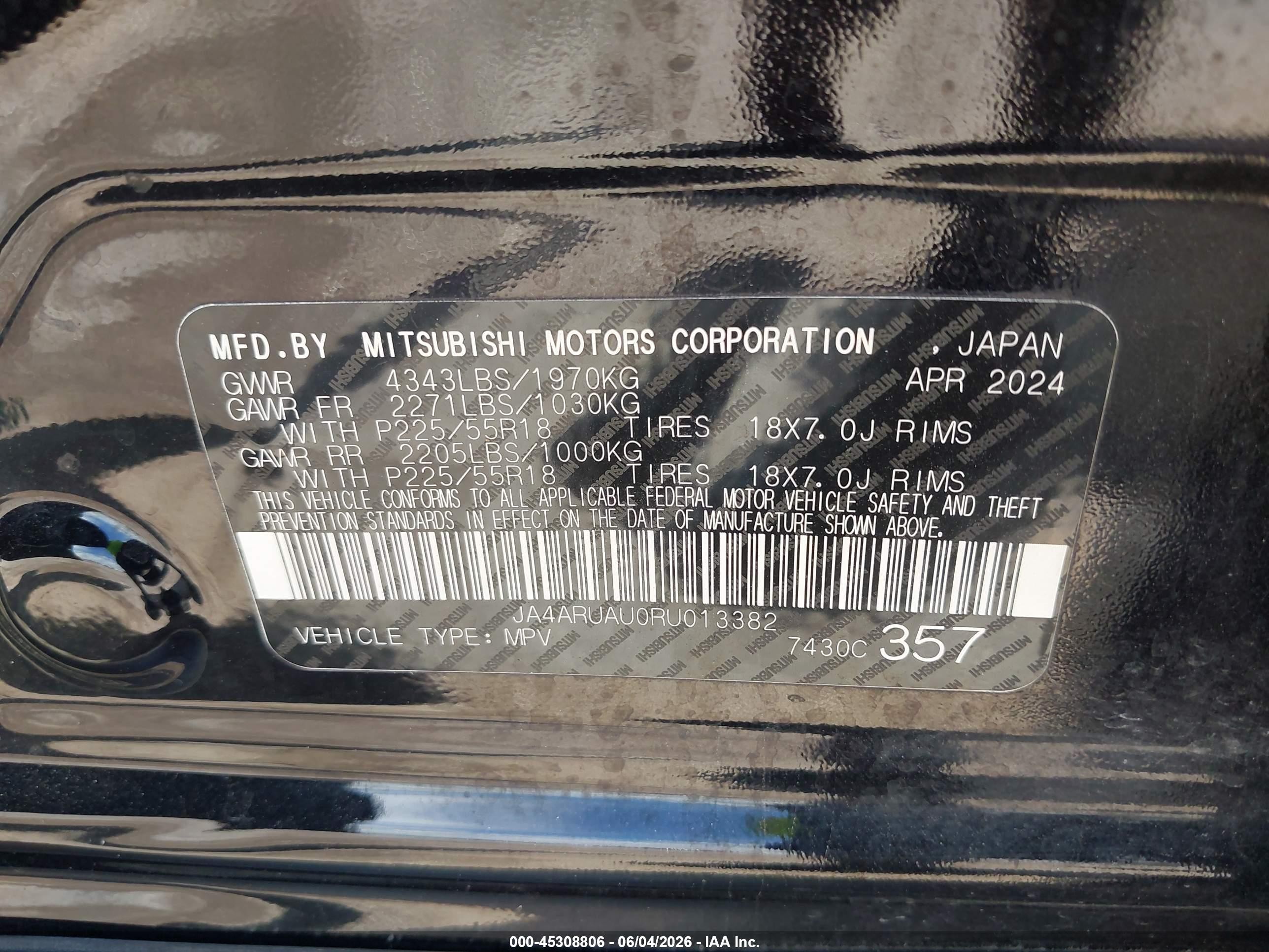 2024 Mitsubishi Outlander Sport 2.0 Es Awc/2.0 Le Awc/2.0 Ralliart Awc/2.0 S Awc/2.0 Se Awc/2.0 Trail Edition Awc Черный vin: JA4ARUAU0RU013382