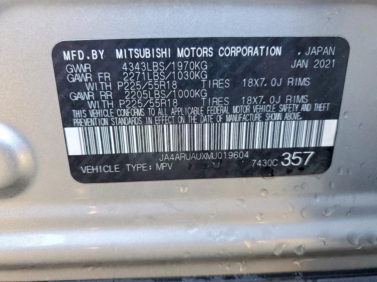 2021 Mitsubishi Outlander Sport Es Silver vin: JA4ARUAUXMU019604