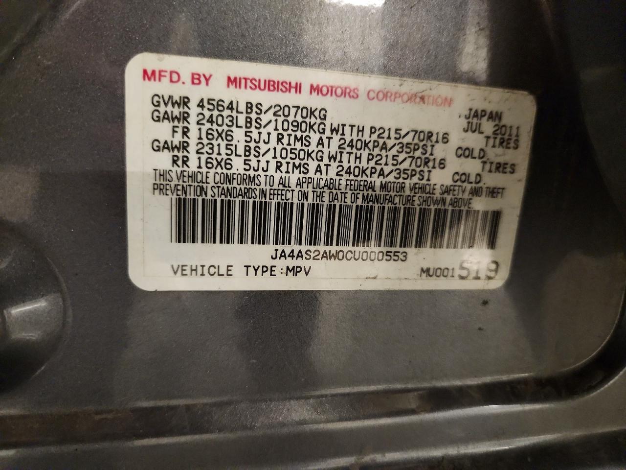 2012 Mitsubishi Outlander Es Gray vin: JA4AS2AW0CU000553