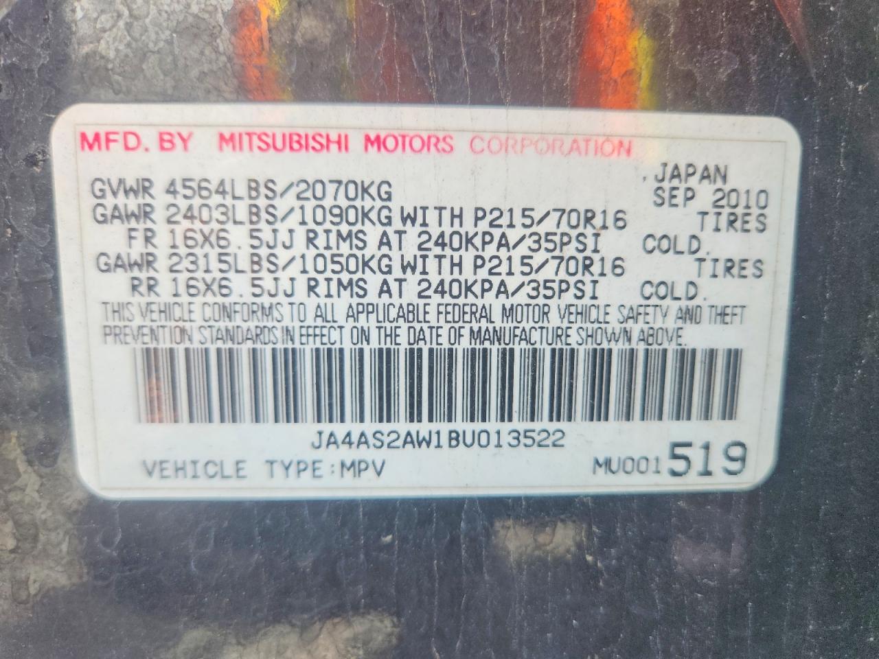 2011 Mitsubishi Outlander Es Black vin: JA4AS2AW1BU013522