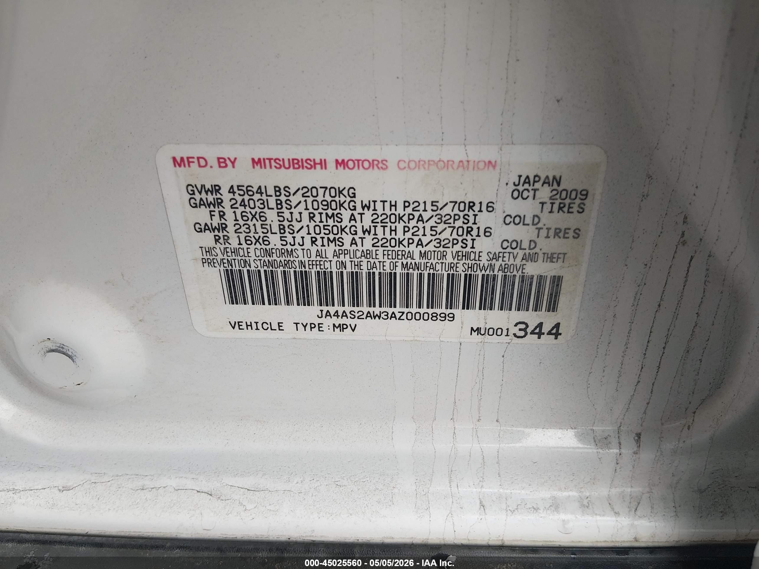 2010 Mitsubishi Outlander Es White vin: JA4AS2AW3AZ000899