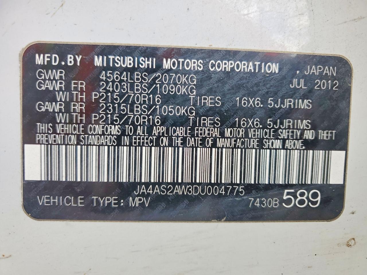 2013 Mitsubishi Outlander Es White vin: JA4AS2AW3DU004775