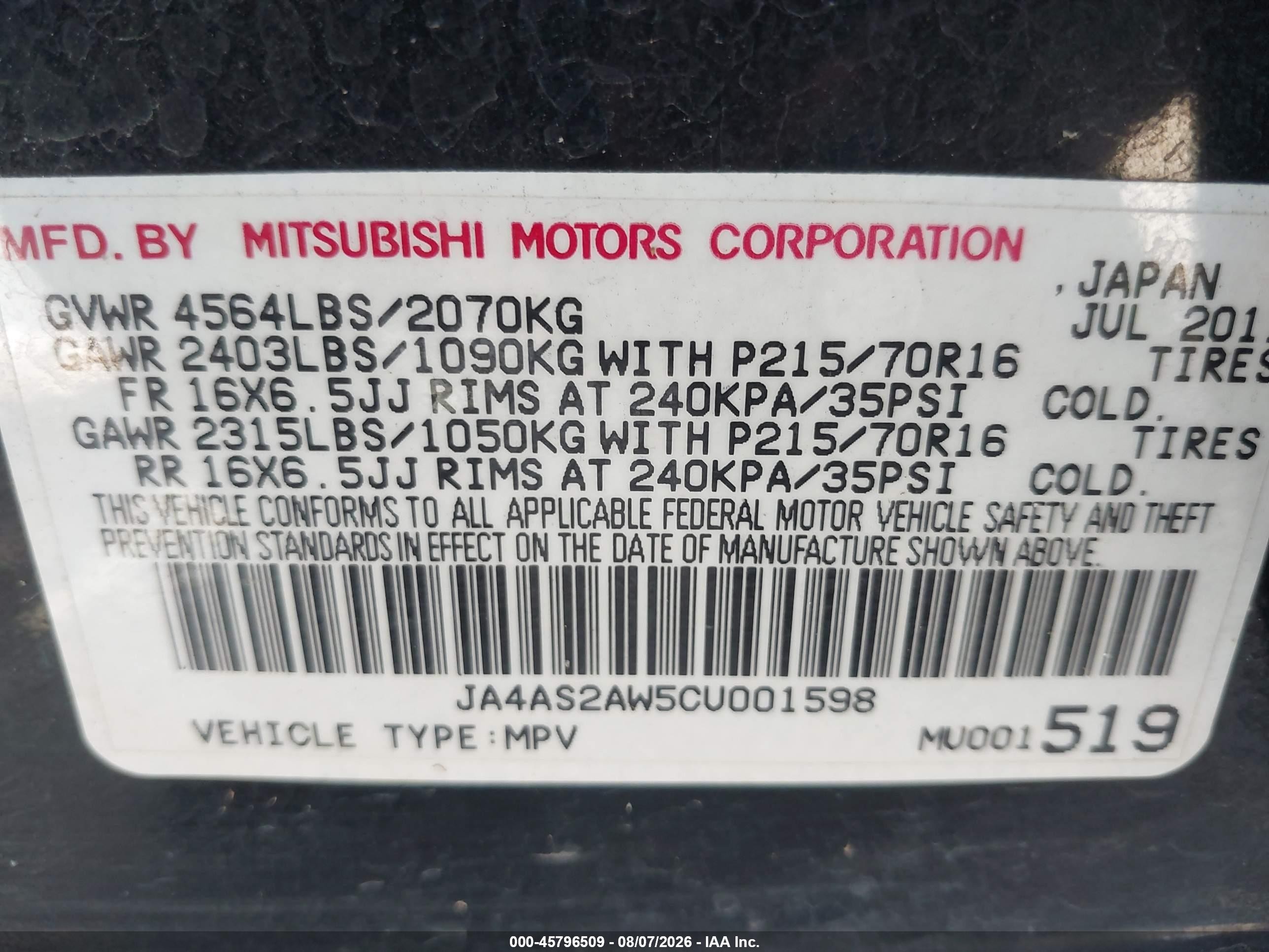 2012 Mitsubishi Outlander Es Black vin: JA4AS2AW5CU001598