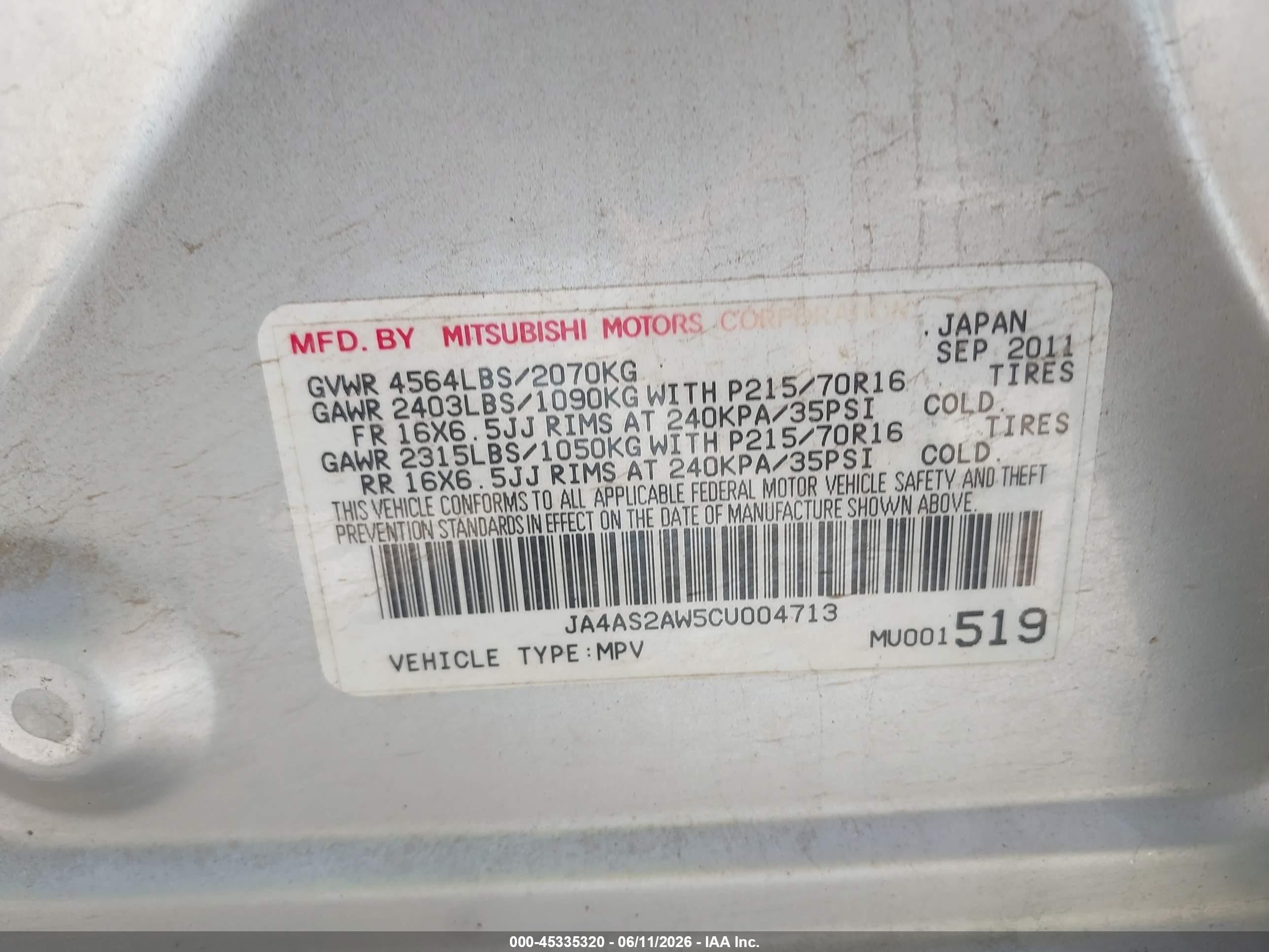2012 Mitsubishi Outlander Es Silver vin: JA4AS2AW5CU004713