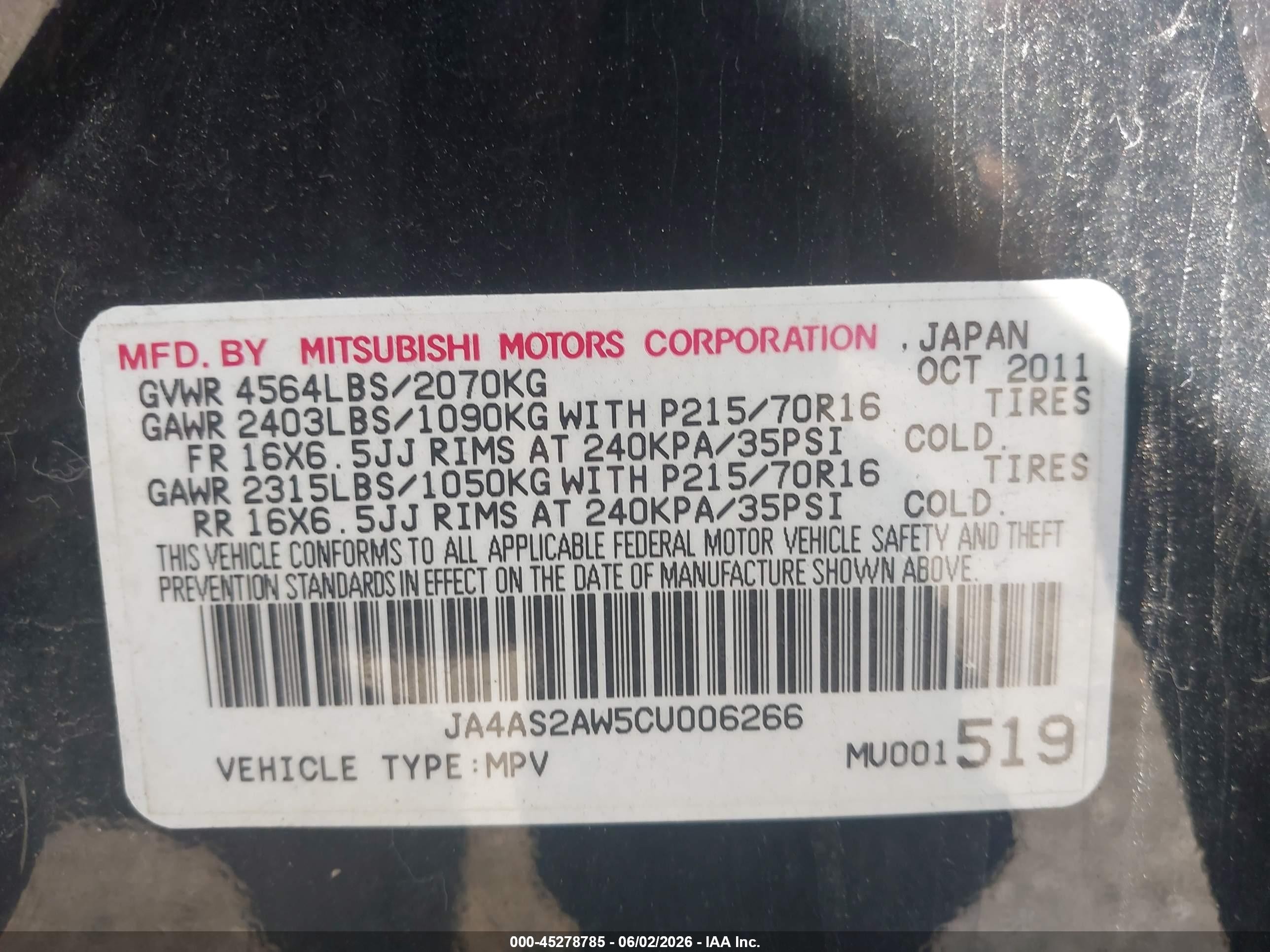 2012 Mitsubishi Outlander Es Black vin: JA4AS2AW5CU006266