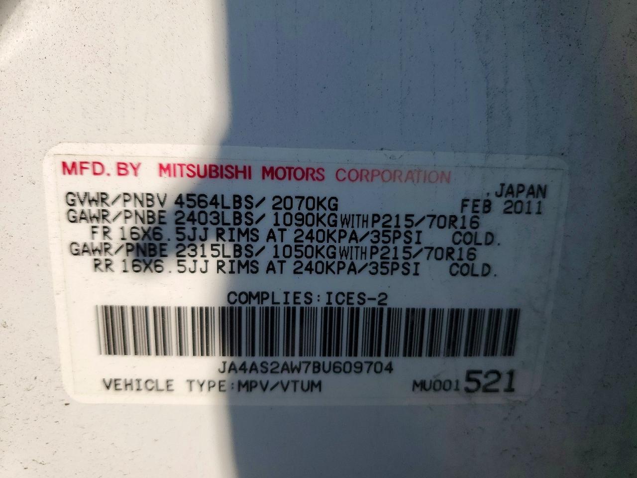 2011 Mitsubishi Outlander Es White vin: JA4AS2AW7BU609704