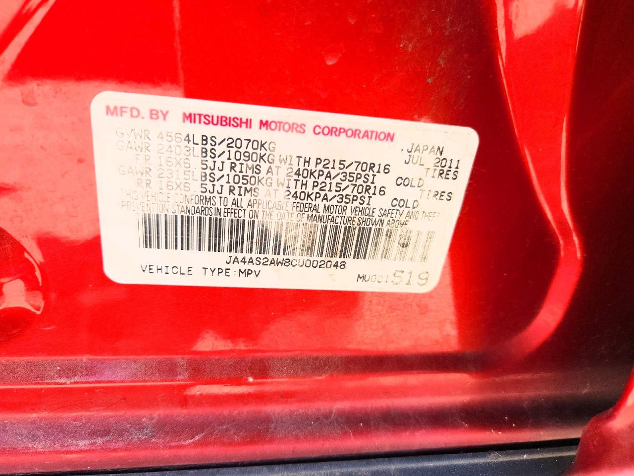 2012 Mitsubishi Outlander Es Red vin: JA4AS2AW8CU002048