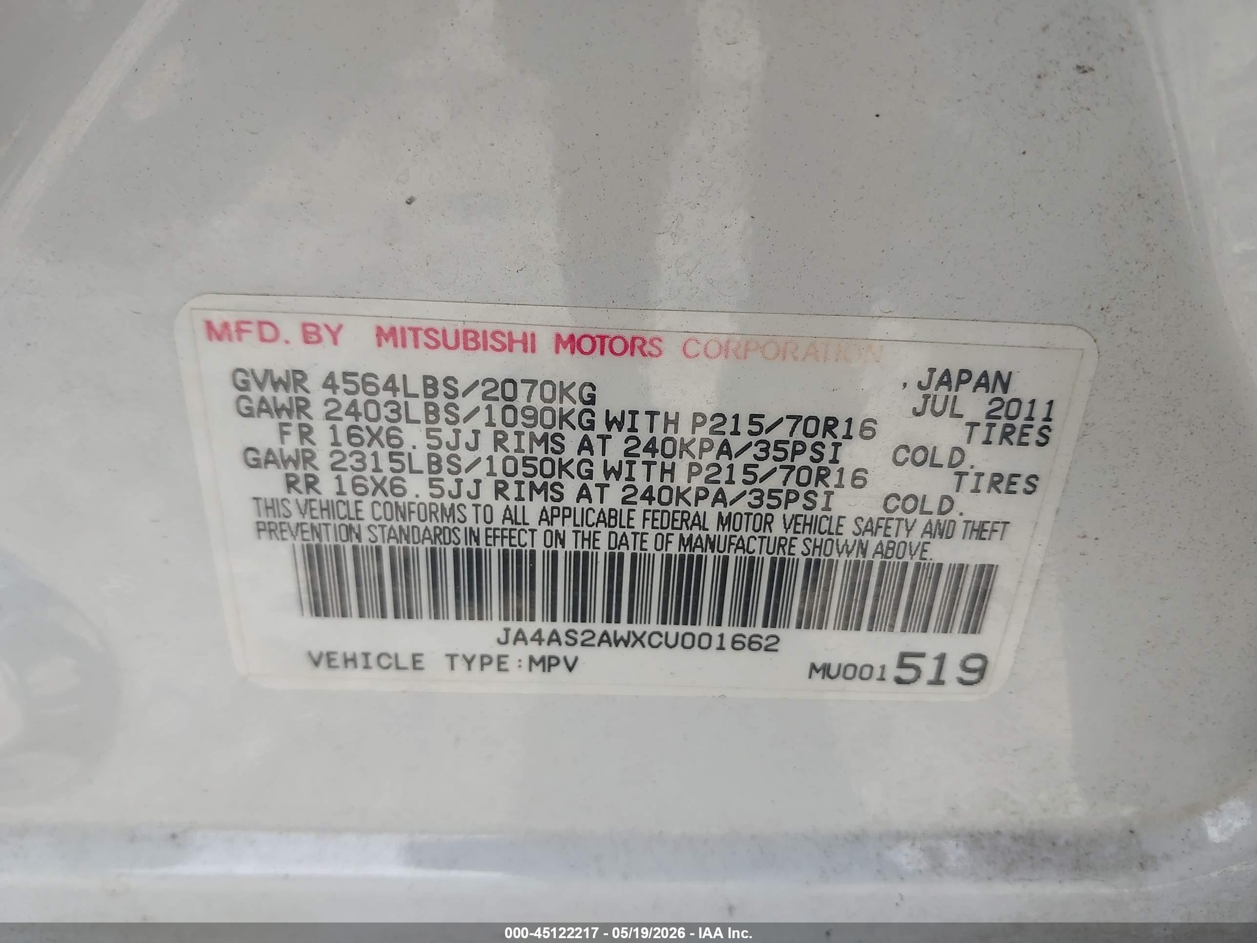 2012 Mitsubishi Outlander Es White vin: JA4AS2AWXCU001662