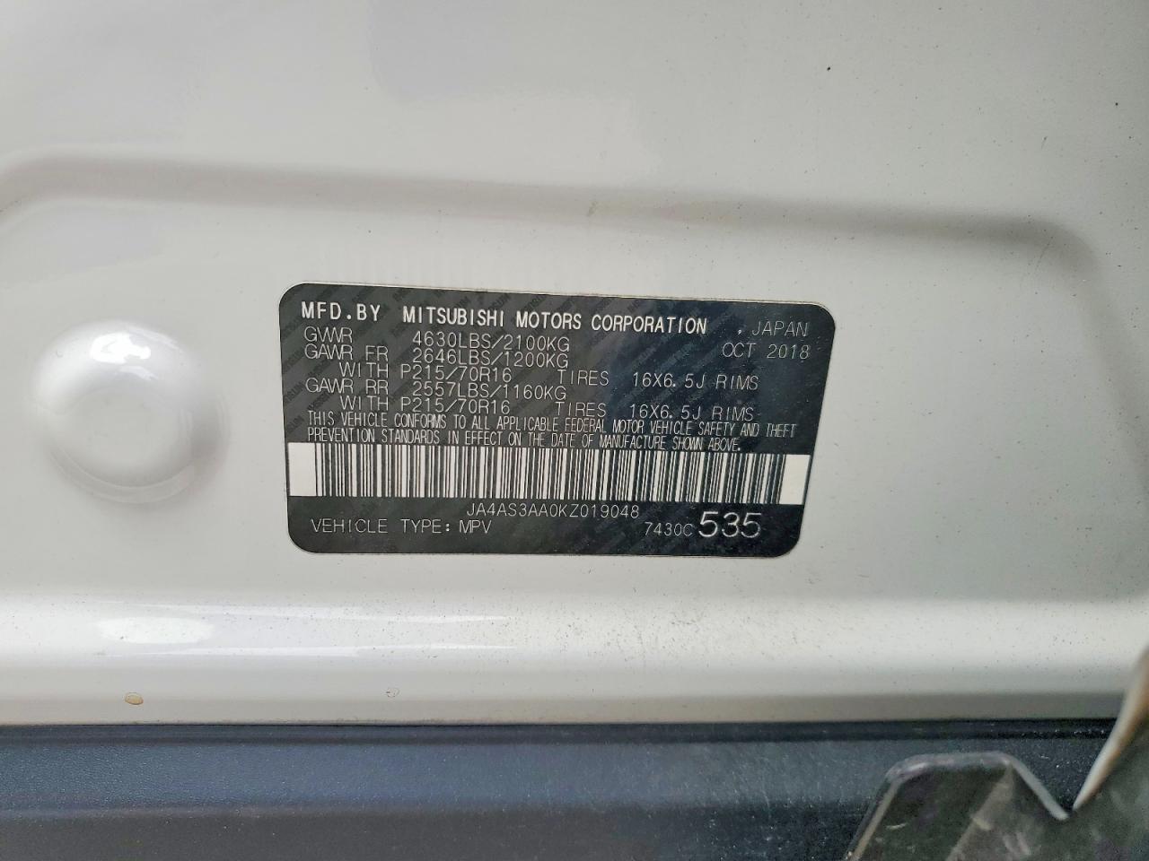 2019 Mitsubishi Eclipse Cross Es White vin: JA4AS3AA0KZ019048