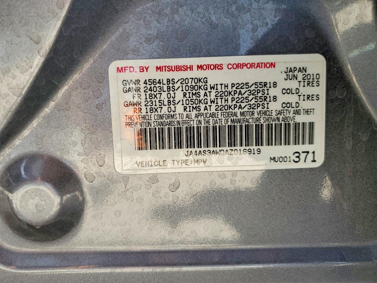 2010 Mitsubishi Outlander Se Gray vin: JA4AS3AW0AZ016919