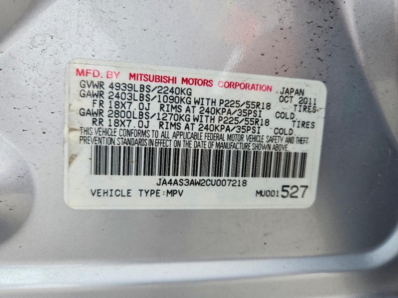 2012 Mitsubishi Outlander Se Silver vin: JA4AS3AW2CU007218