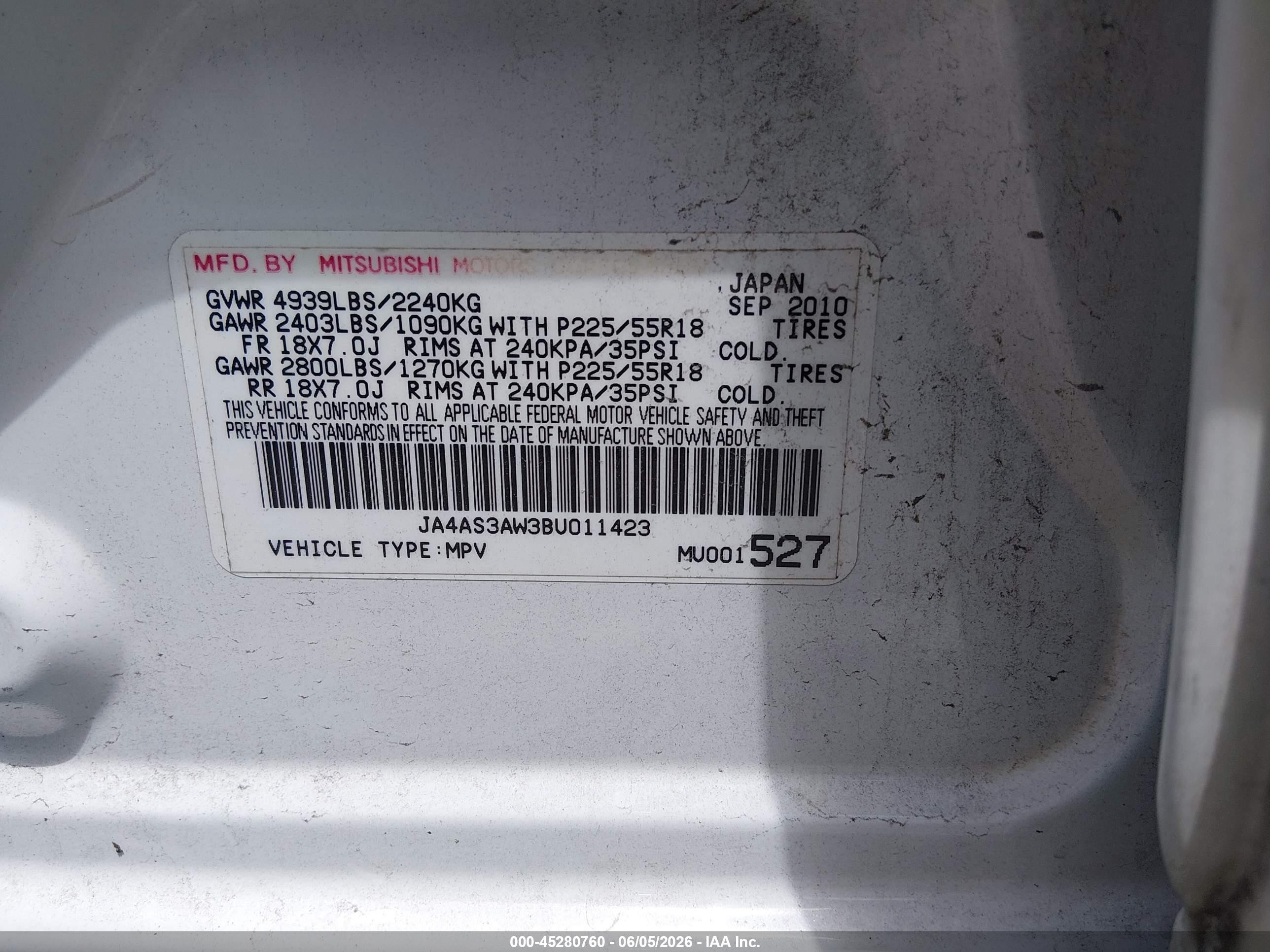 2011 Mitsubishi Outlander Se White vin: JA4AS3AW3BU011423