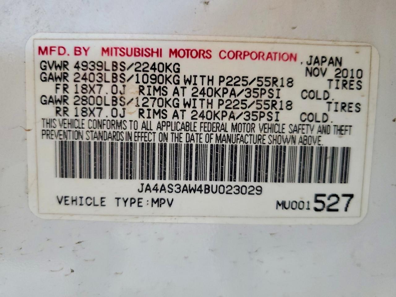 2011 Mitsubishi Outlander Se White vin: JA4AS3AW4BU023029