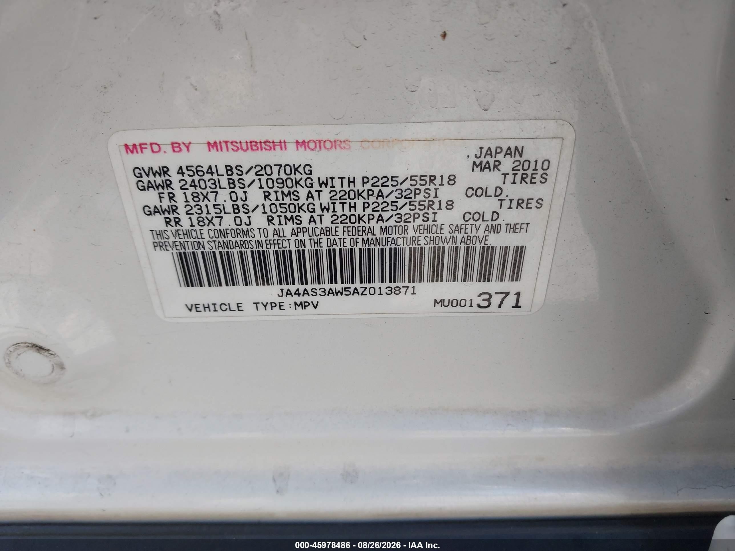 2010 Mitsubishi Outlander Se White vin: JA4AS3AW5AZ013871