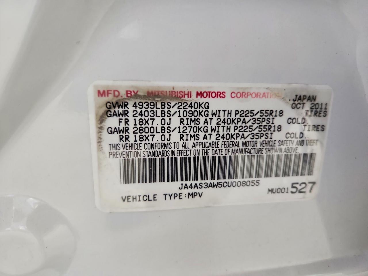 2012 Mitsubishi Outlander Se Белый vin: JA4AS3AW5CU008055