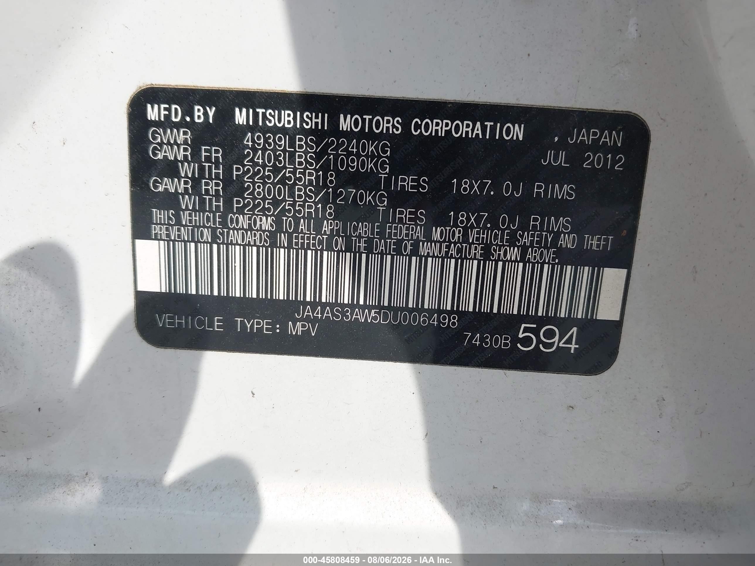 2013 Mitsubishi Outlander Se Белый vin: JA4AS3AW5DU006498