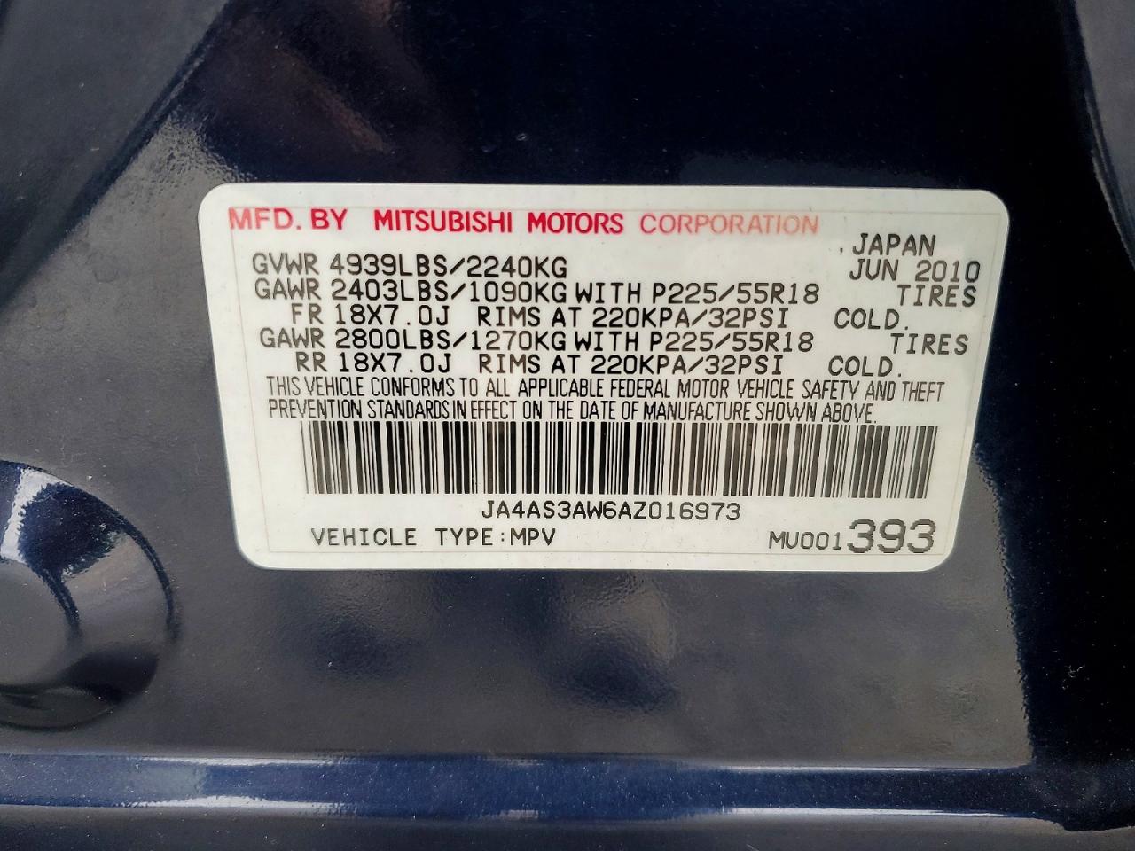 2010 Mitsubishi Outlander Se Blue vin: JA4AS3AW6AZ016973