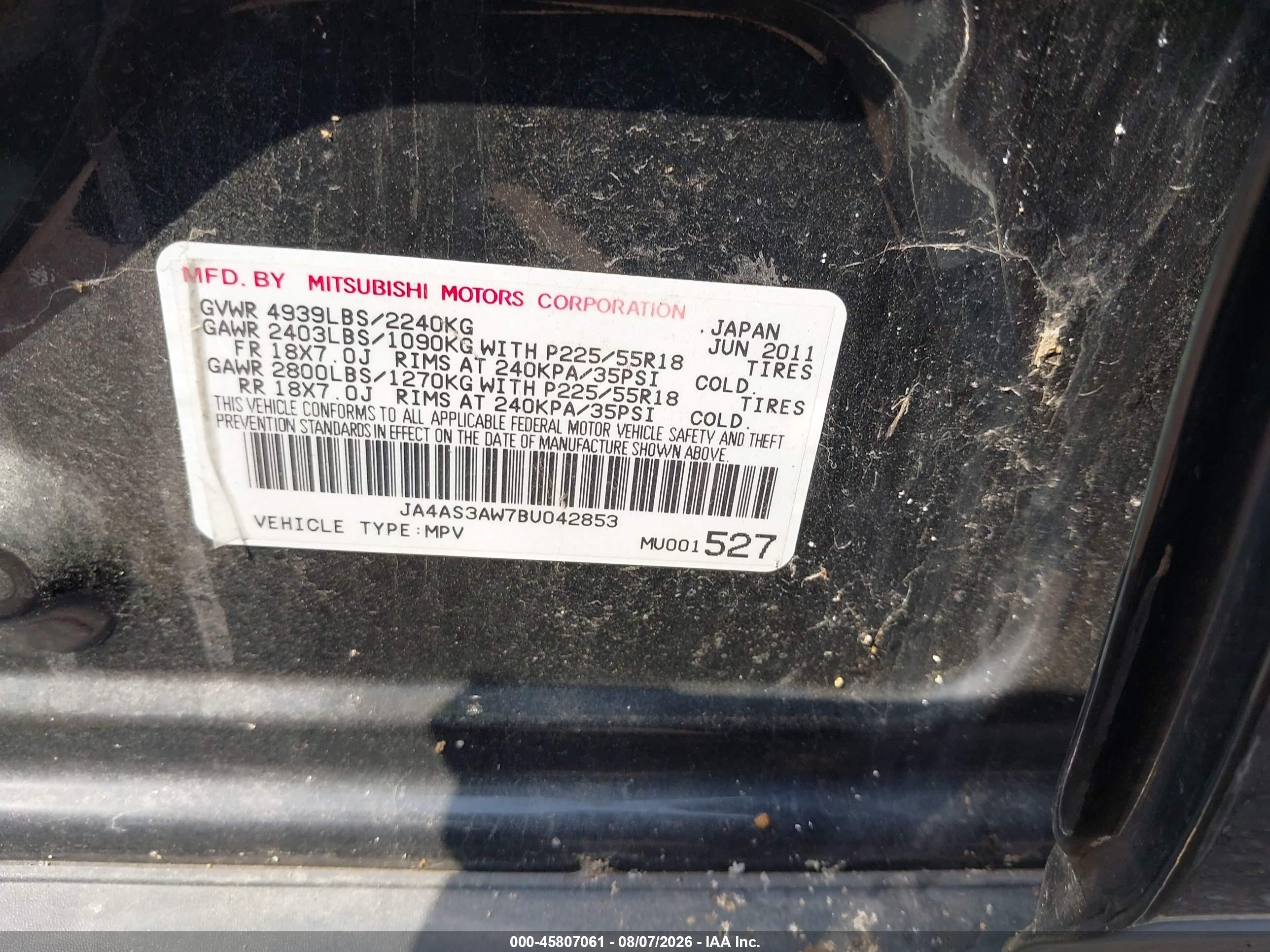 2011 Mitsubishi Outlander Se Black vin: JA4AS3AW7BU042853