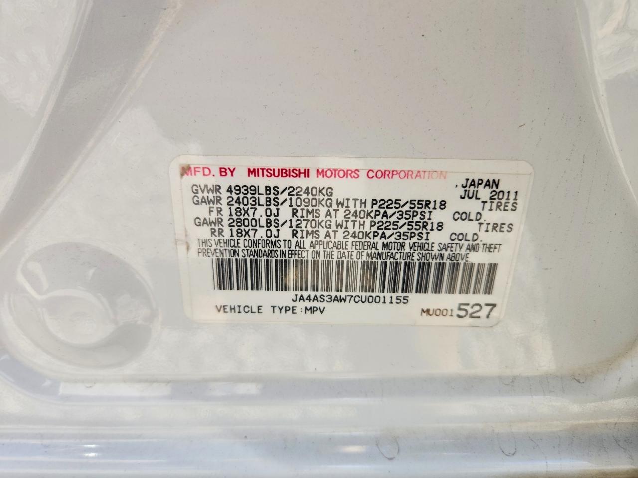 2012 Mitsubishi Outlander Se White vin: JA4AS3AW7CU001155