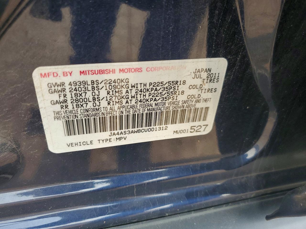 2012 Mitsubishi Outlander Se Blue vin: JA4AS3AW8CU001312