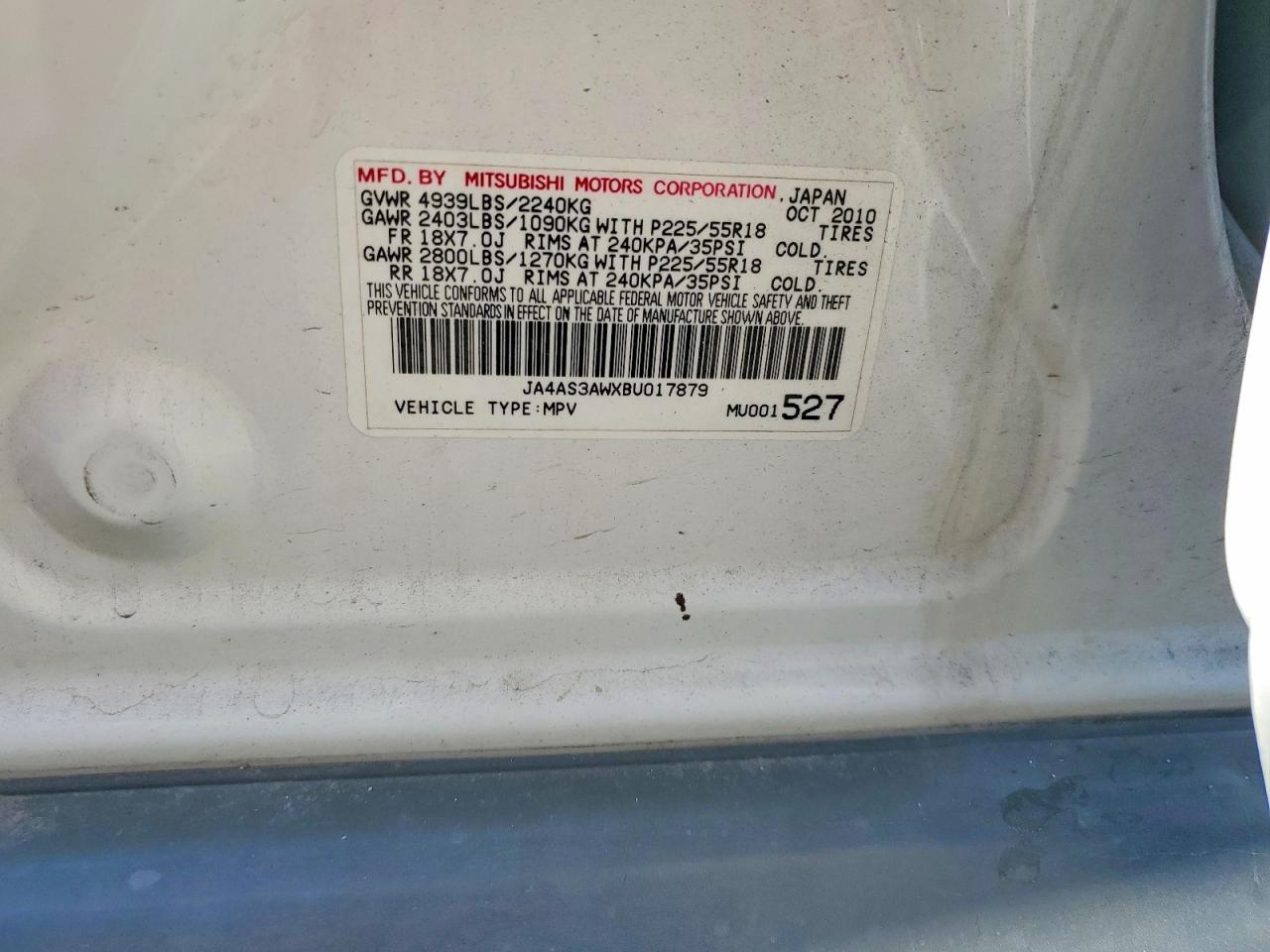 2011 Mitsubishi Outlander Se White vin: JA4AS3AWXBU017879