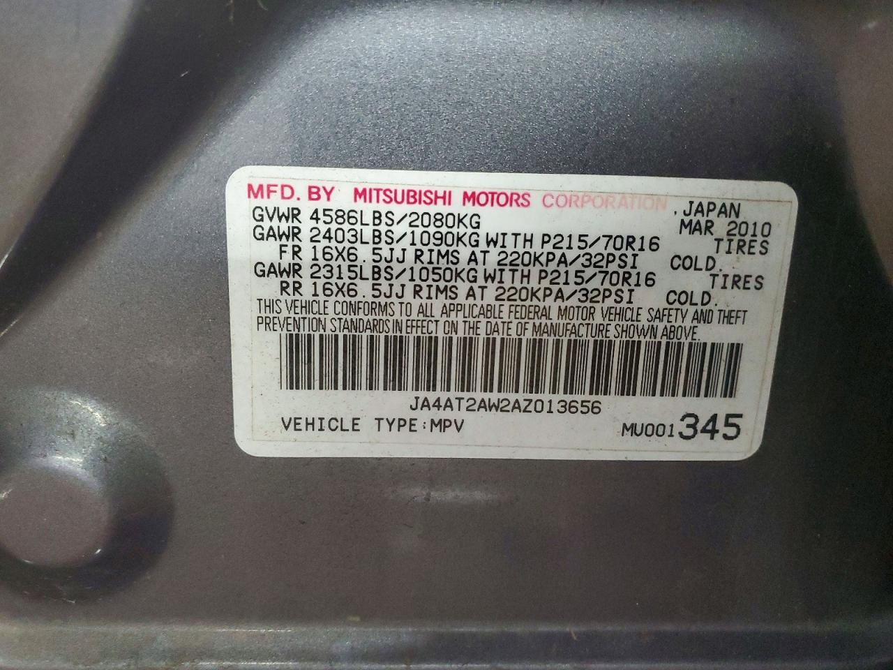2010 Mitsubishi Outlander Es Gray vin: JA4AT2AW2AZ013656